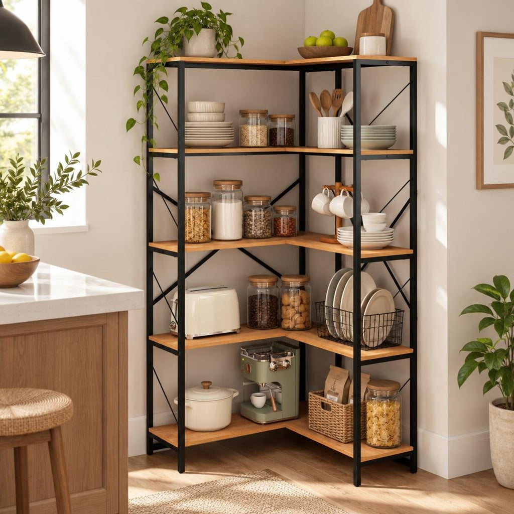 Airfind 66 Tall 5-Tier L-Shaped Bookcase with Metal Frame for Living Room, 44 lbs Capacity, Metal Frame, 31.5 x 31.5 x 66 Footprint, Brown