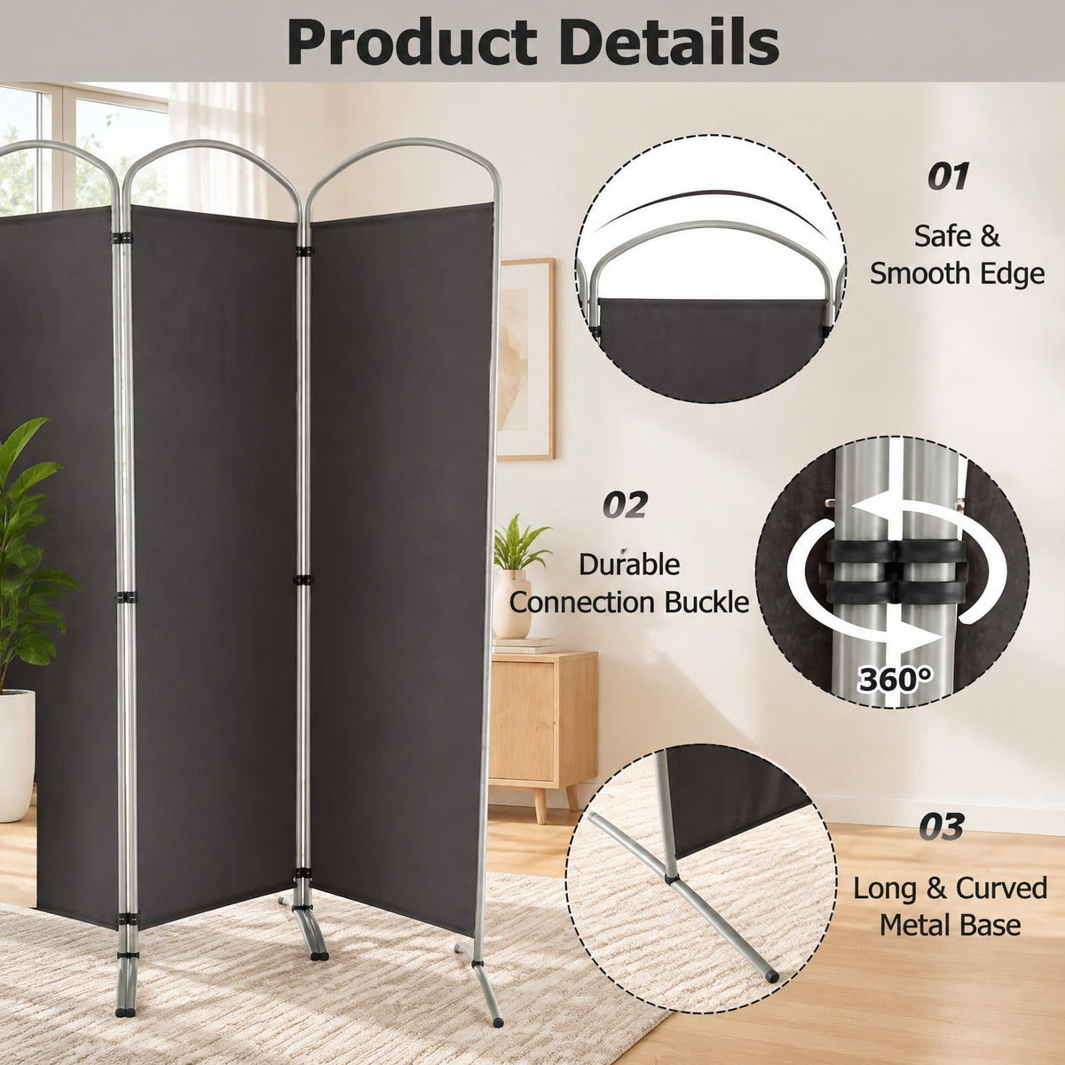 Airfind 6.2Ft Folding 4-Panel Room Divider for Home Office Living Room, Polyester Metal Frame, 87 x 20 x 74 Footprint, Grey