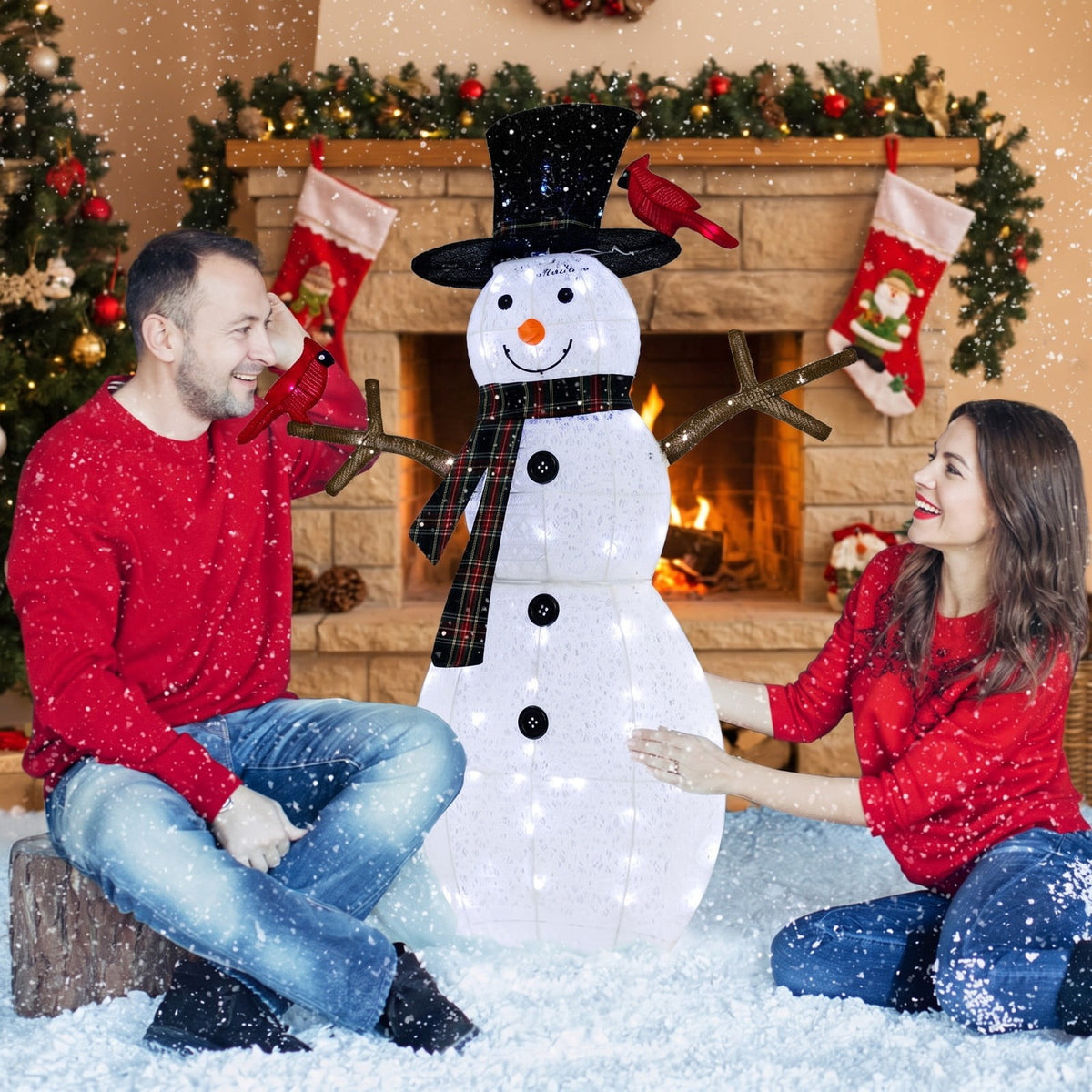 Airfind 4.2 Feet Lighted Snowman and Redbirds Christmas Decoration, Tinsel Fabric Metal Frame, 3.3 x 0.5 x 4.2 ft Footprint, Black+White+Red