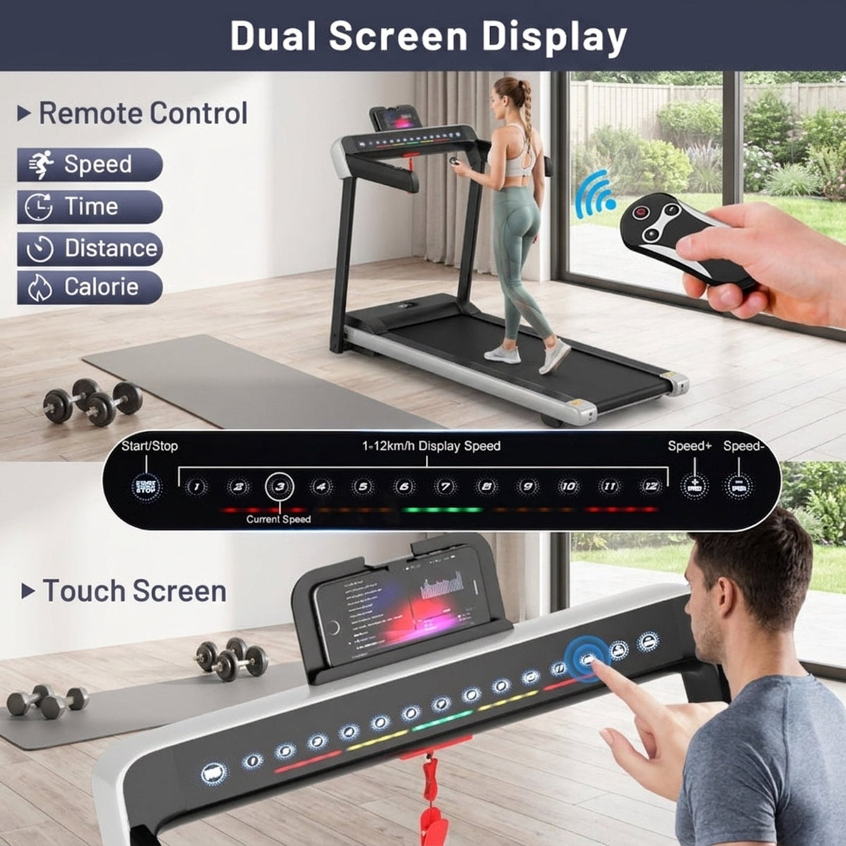 Airfind 2-in-1 Walk-to-Run Folding Treadmill Audio Console, White