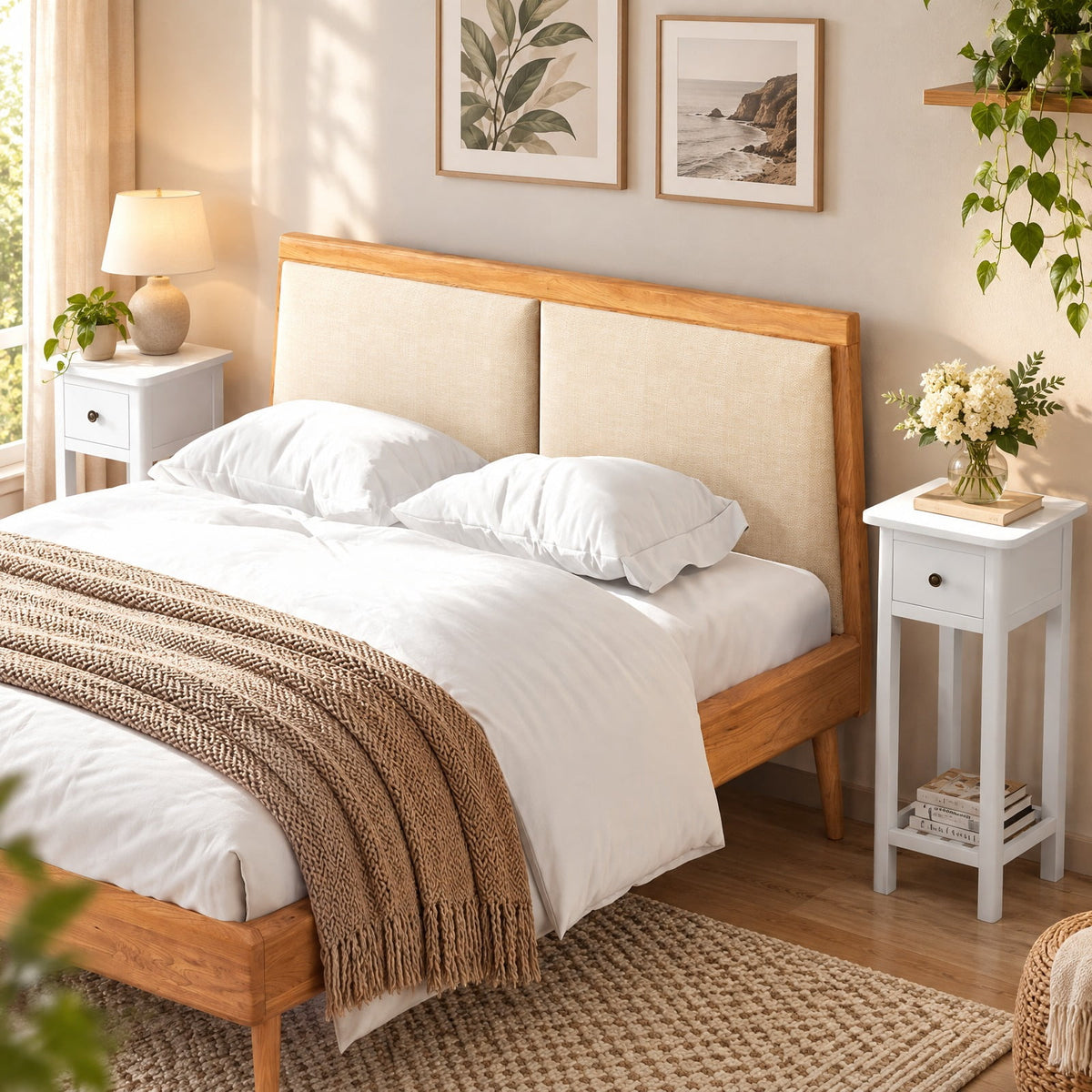 Airfind 2 Tier Slim Nightstand Bedside Table with Drawer Shelf, 155 lbs Capacity, Acacia Wood MDF Frame, 11.5 x 13.5 x 31.5 Footprint, White