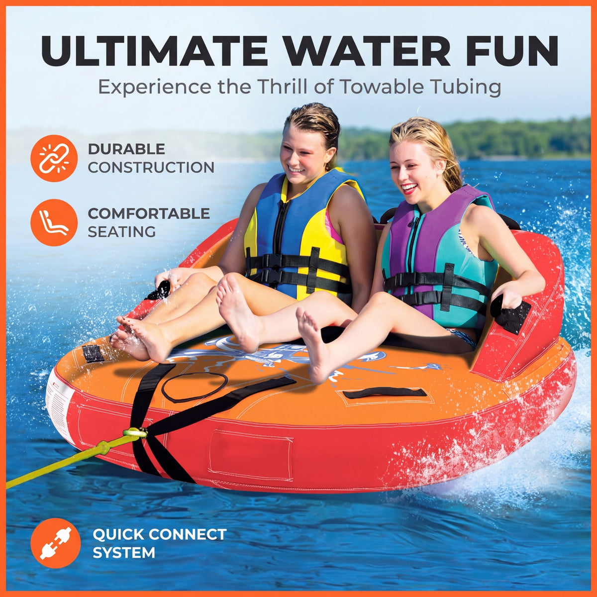 Airfind 2 Person Water Sport Inflatable Towable Tube for Boating with High Backrest and Padded Handles for Lake River and Sea Riding, Orange