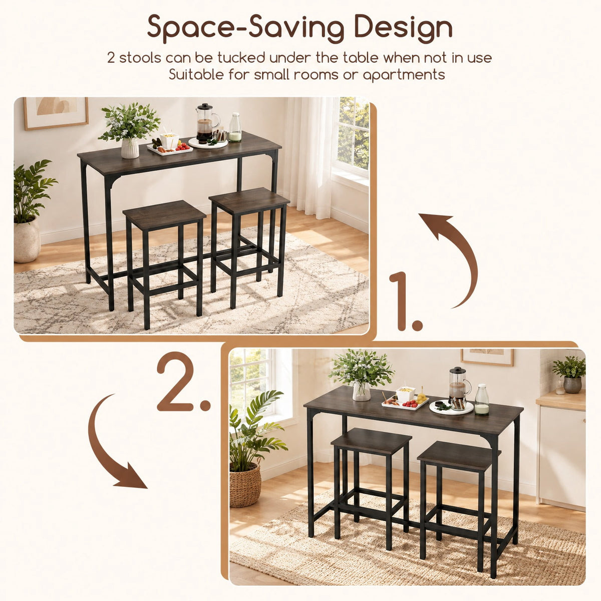 Airfind Industrial 3-Piece 47.5 Counter-Height Dining Table and 2 Bar Stools, 200 lbs Capacity, Metal Engineered Board Frame, Gray