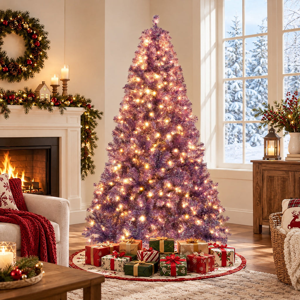 Airfind 7.5 FT Pre-Lit Purple Tinsel Christmas Tree with Warm White LED Lights, PVC and PET Artificial Fir Tree with Metal Stand, Purple