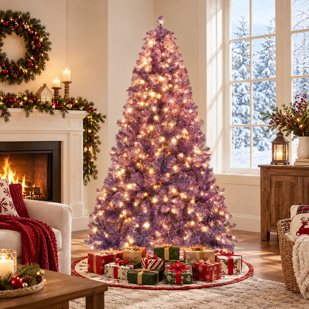 Airfind 7.5 FT Pre-Lit Purple Tinsel Christmas Tree with Warm White LED Lights, PVC and PET Artificial Fir Tree with Metal Stand, Purple