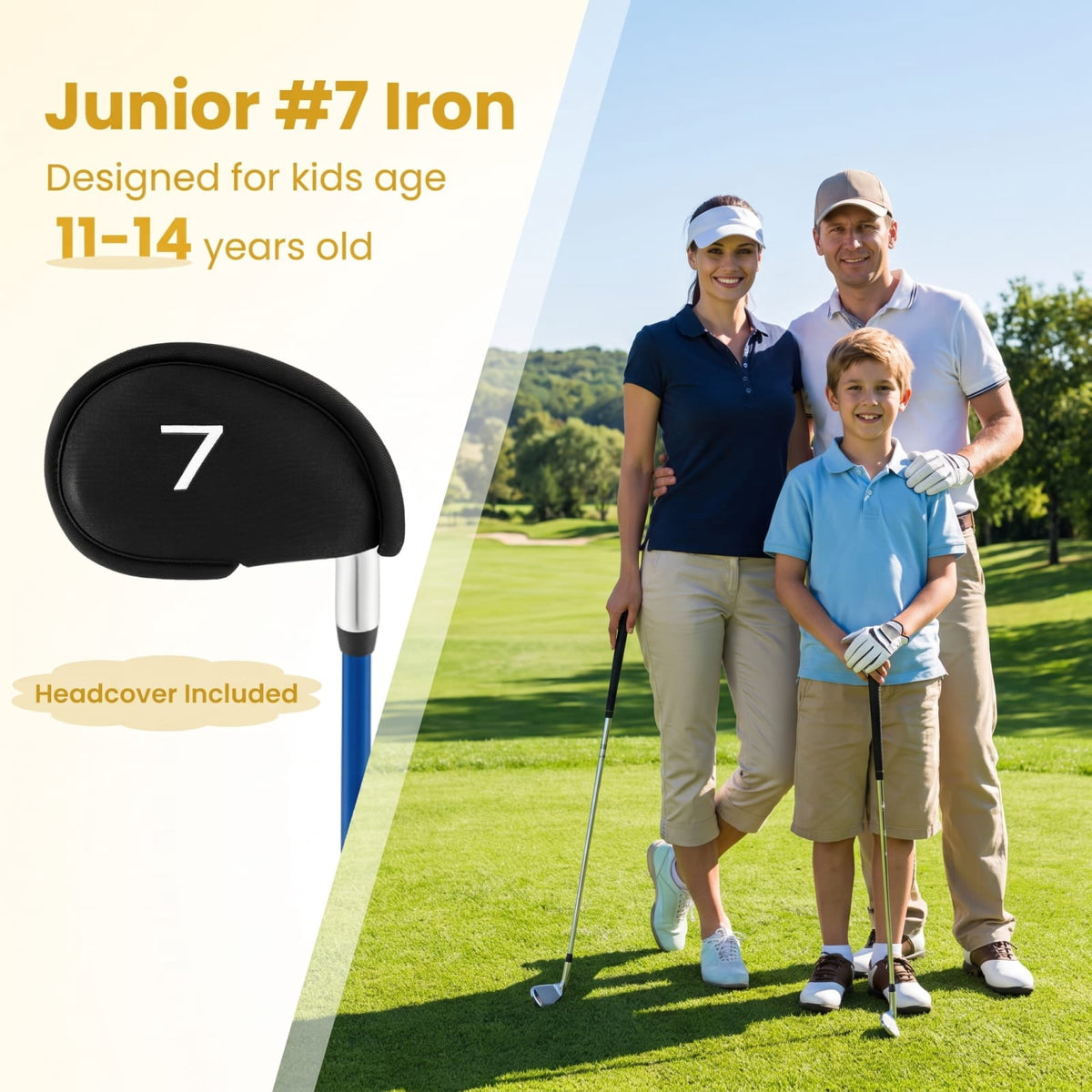 Airfind Junior Number 7 Iron for Kids Ages 11 to 14 with Lightweight Fiberglass Shaft and Rubber Grip and Matching Headcover, Blue