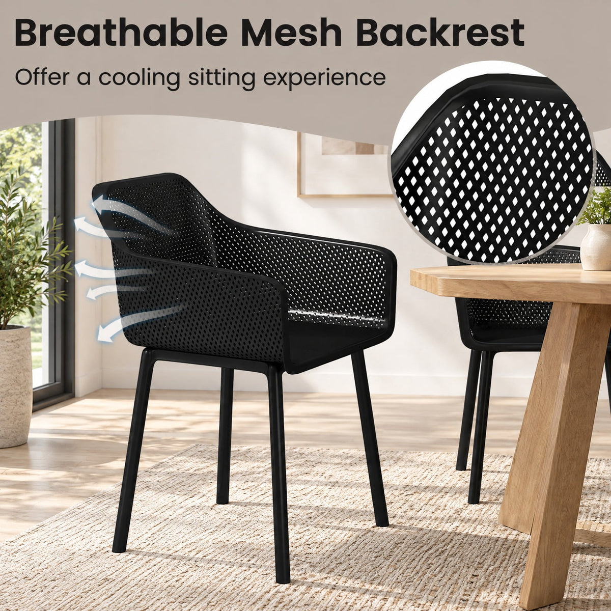 Airfind Modern Plastic Dining Chairs Set of 4 Kitchen Armchairs with Breathable Mesh Backrest, 330 lbs Capacity, PP Frame, Black