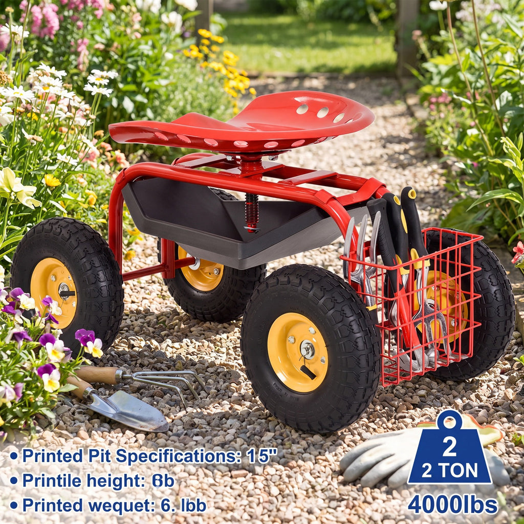 Airfind Red/Green Garden Cart Rolling Work Seat With Heavy Duty Tool Tray Gardening Planting, 33 x 16 x 22 Footprint, Red