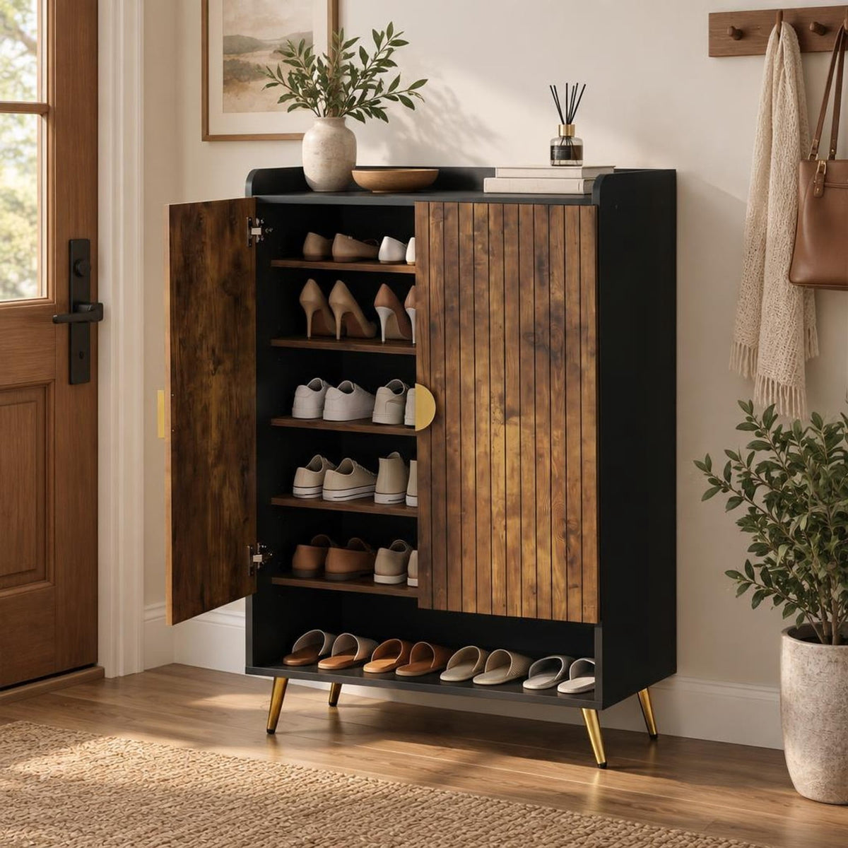 Airfind 44in Tall Shoe Storage Cabinet with 7-Tier Doors and Adjustable Shelves for Entryway, 110 lbs Capacity, Engineered Wood Metal Frame, Brown
