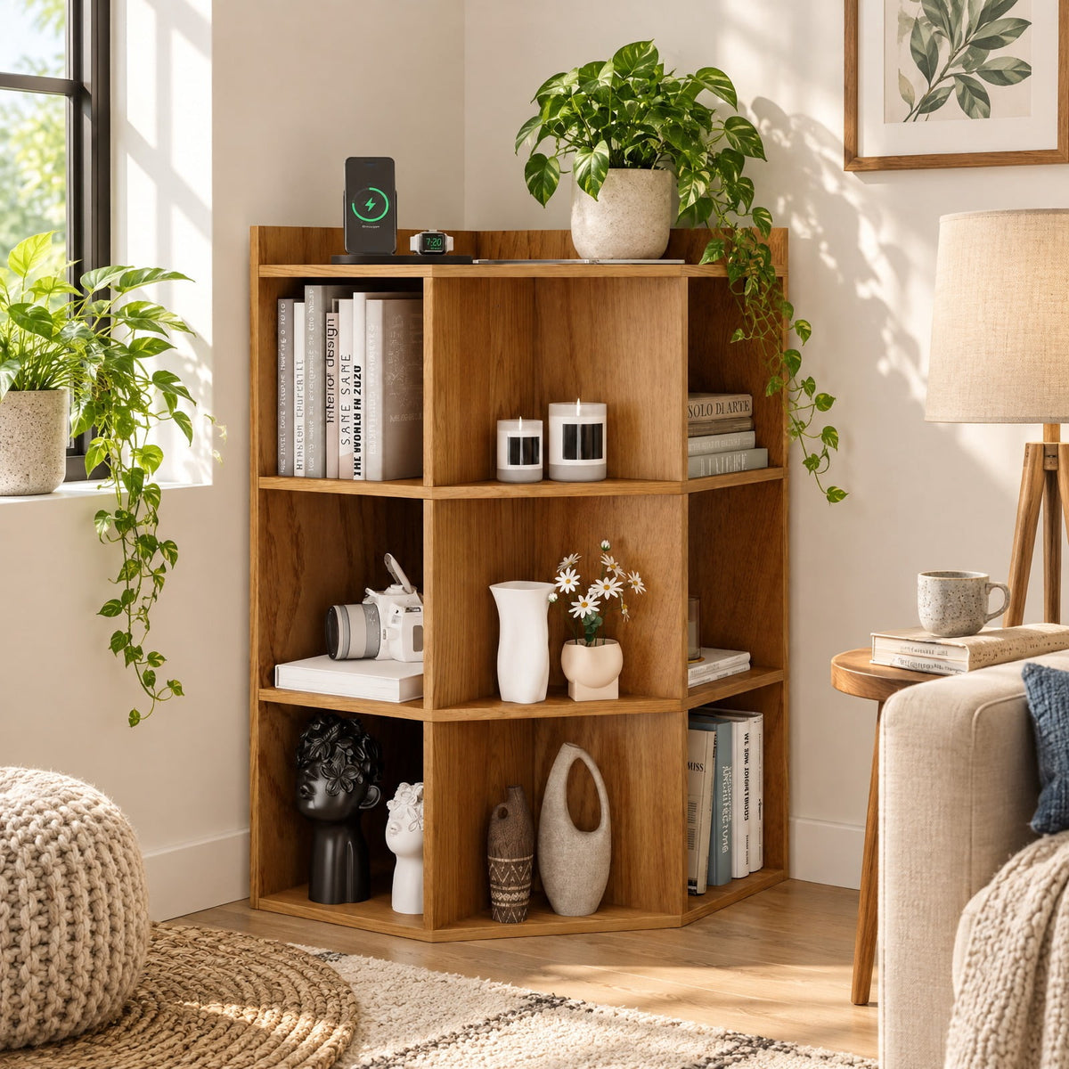 Airfind 3-Tier Corner Cabinet with Charging Station for Bedroom, Engineered Wood Frame, 20 x 20 x 34 inch Footprint, Natural