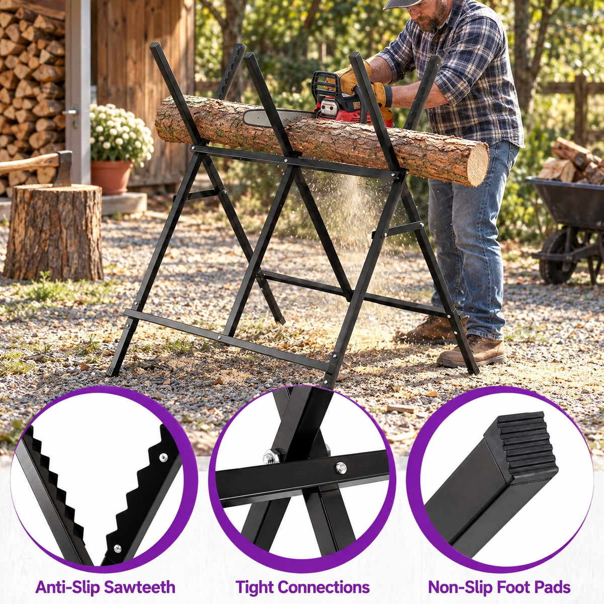 Airfind Folding Log Saw Horse with Anti-Slip Sawteeth and Non-Slip Foot Pads Heavy Duty, 220 lbs Capacity, Metal Frame, Black