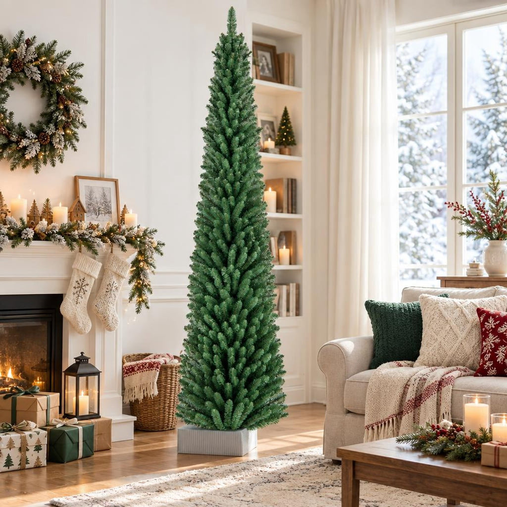 Airfind 8 Feet Pencil Christmas Tree with 671 Memory Wire Branch Tips and Upgraded Metal Stand, PVC Metal Frame, Green