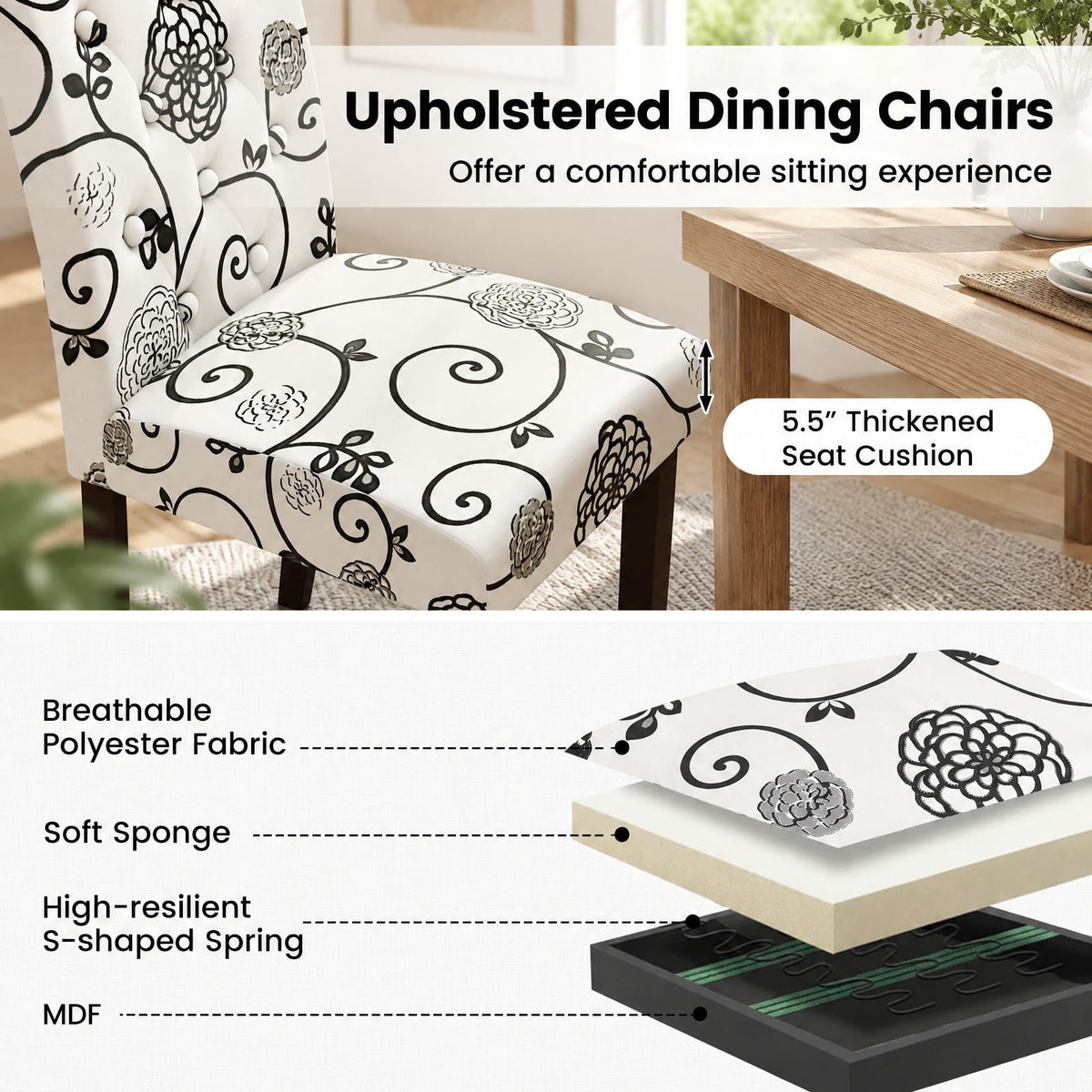 Airfind Button Tufted Fabric Upholstered Wooden Dining Chair Set of 2 with High Curved Back, Chair 330 lbs Capacity, 18in x 24in x 37in Footprint