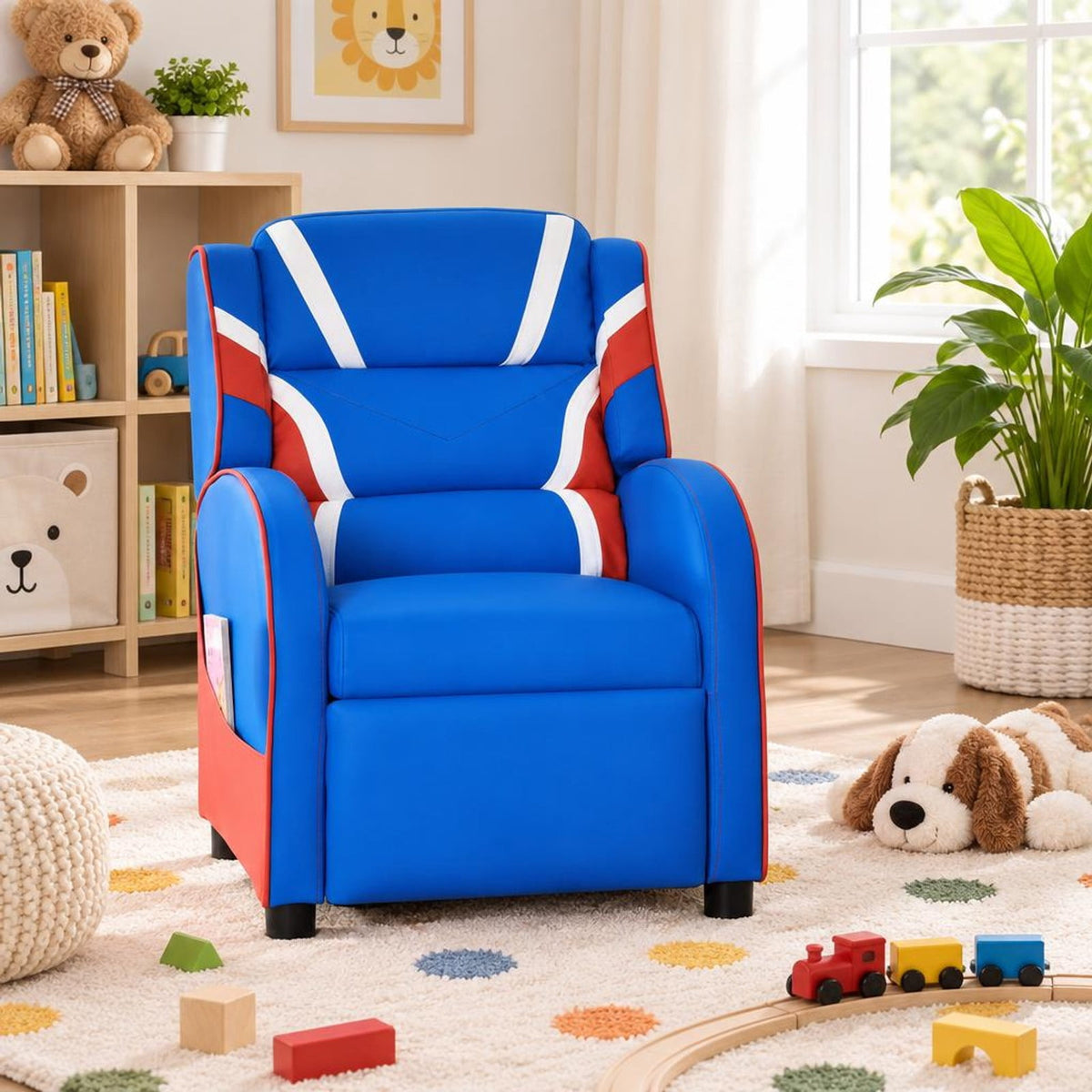 Airfind Kids Leather Recliner Chair with Side Pockets, Solid wood PU leather sponge plastic iron Frame, for 3-9 years old, Blue