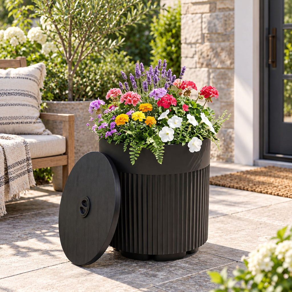 Airfind 3-in-1 All-Weather Outdoor HDPE Umbrella Base with Water Bag and 2 Umbrella Hole for Patio, 15 x 15 x 17 Interior Footprint, Black