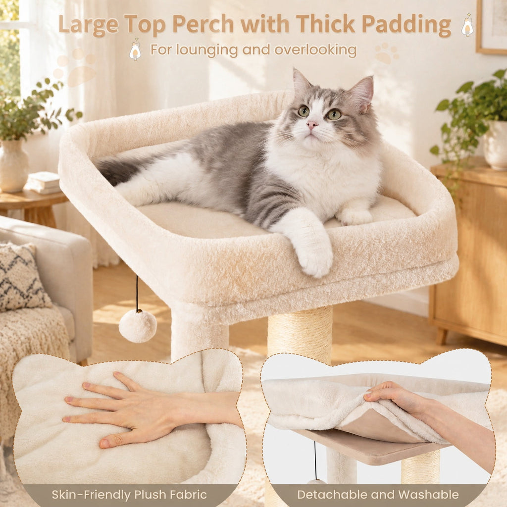 Airfind 63 Inch Tall Wooden Cat Tree with 2-Story Condo and Plush Padded Top Perch, 44 lbs Capacity, 23in x 19in x 63in Condo Footprint, Natural