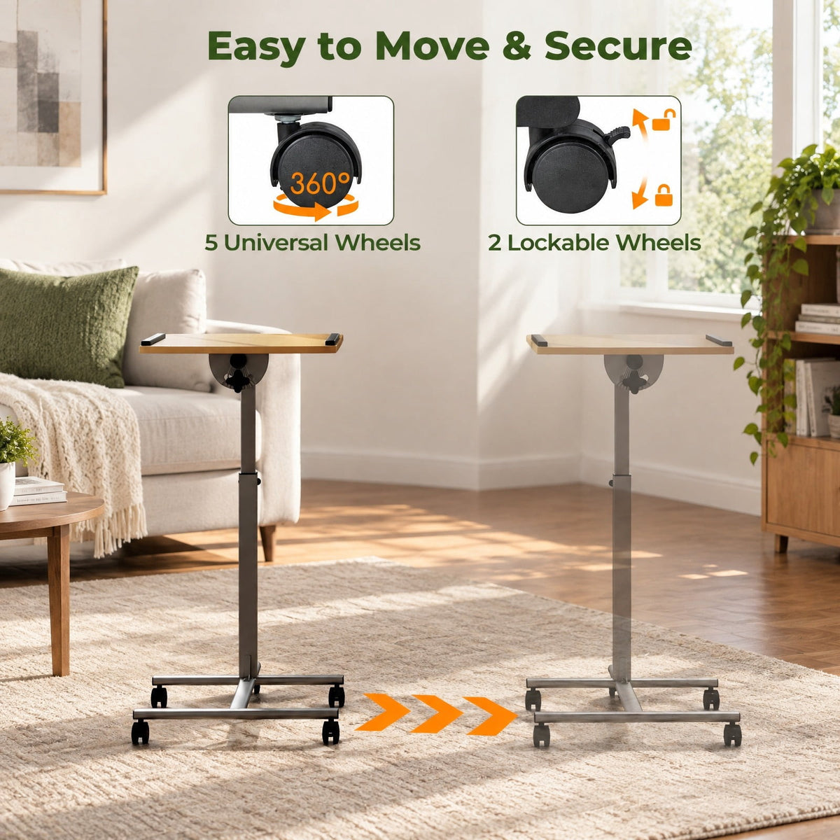 Airfind Adjustable Angle Height Rolling Laptop Table, Steel (frame) Frame, 23.5 x 16 x 24.5-36 (L x W x Adjustable H) Steel tube Footprint