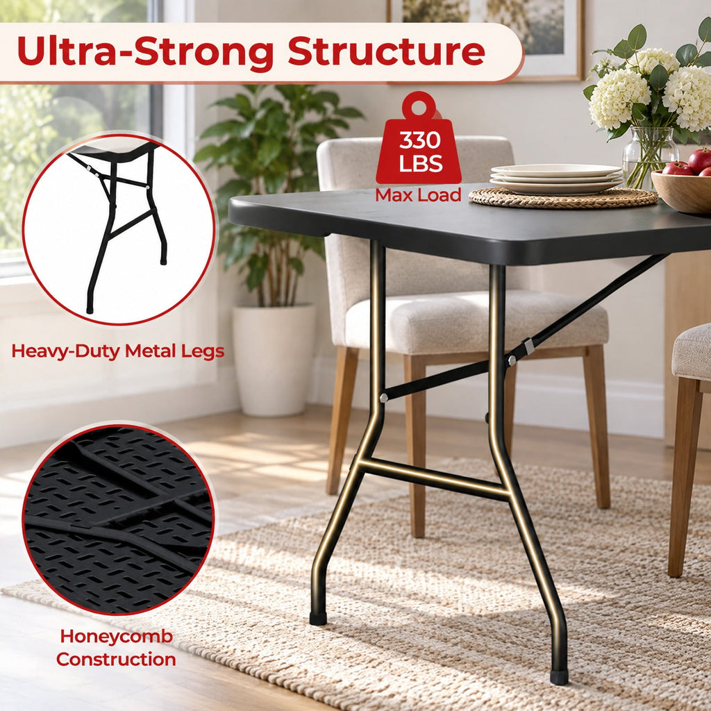 Airfind Portable Folding Camping Table with Carrying Handle, 330 lbs Capacity, HDPE Steel Expanded Frame, 71 x 29 x 29 Footprint, Black