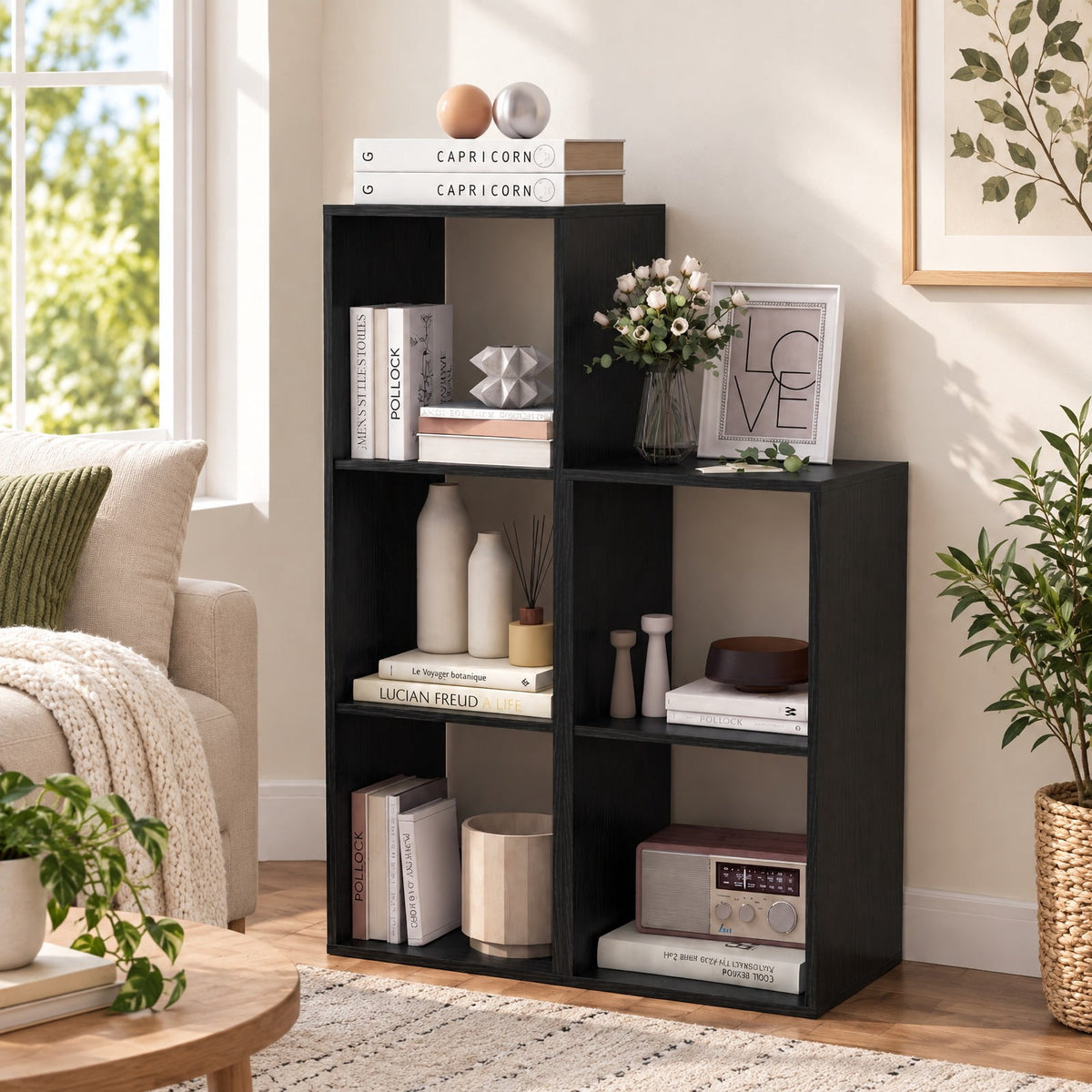 Airfind 2 Cube Bookshelf with Back Guardrail for Living Room Bedroom, Engineered Wood Frame, 14 Inch x 13 Inch x 27.5 Inch Depth of Bottom Shelf 12 Inch Footprint