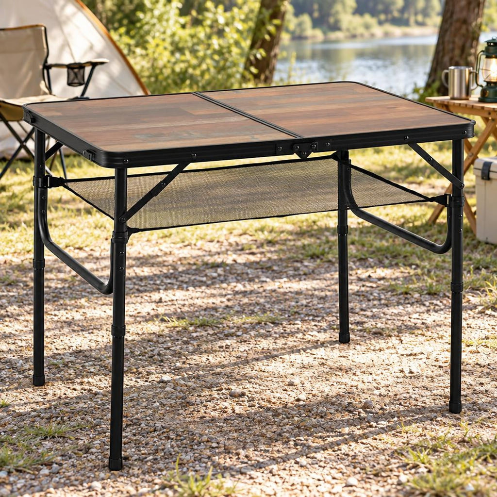 Airfind Folding Camping Table with Adjustable Heights Storage Net and Handle-Black and Brown, 135 lbs Capacity, 37 Inch x 24 Inch x 16 Inch Footprint, Black