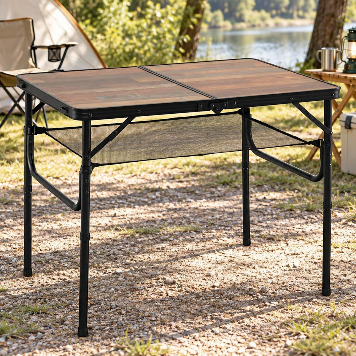 Airfind Folding Camping Table with Adjustable Heights Storage Net and Handle-Black and Brown, 135 lbs Capacity, 37 Inch x 24 Inch x 16 Inch Footprint, Black