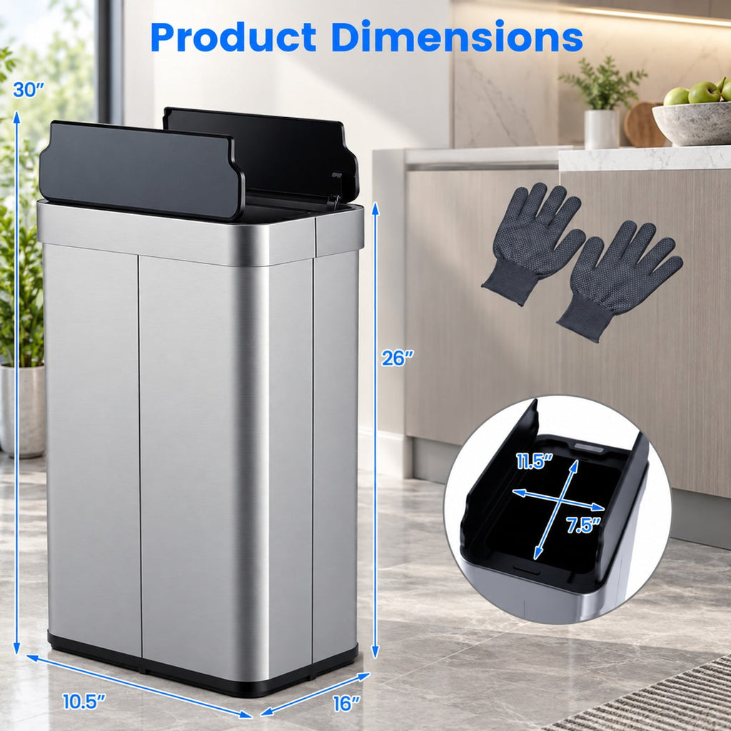 Airfind 16 Gallon Trash Can with Wing Lids for Bedroom Bathroom Kitchen, Stainless Steel ABS Frame, Silver