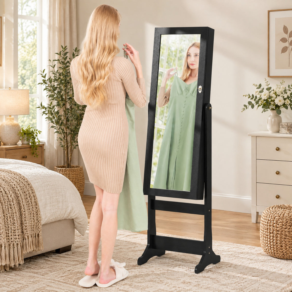 Airfind Lockable Freestanding Jewelry Cabinet Armoire with Full-Length Mirror and Lights, MDF Glass, 16 Inch X 14.5 Inch X 57.5 Inch, Black