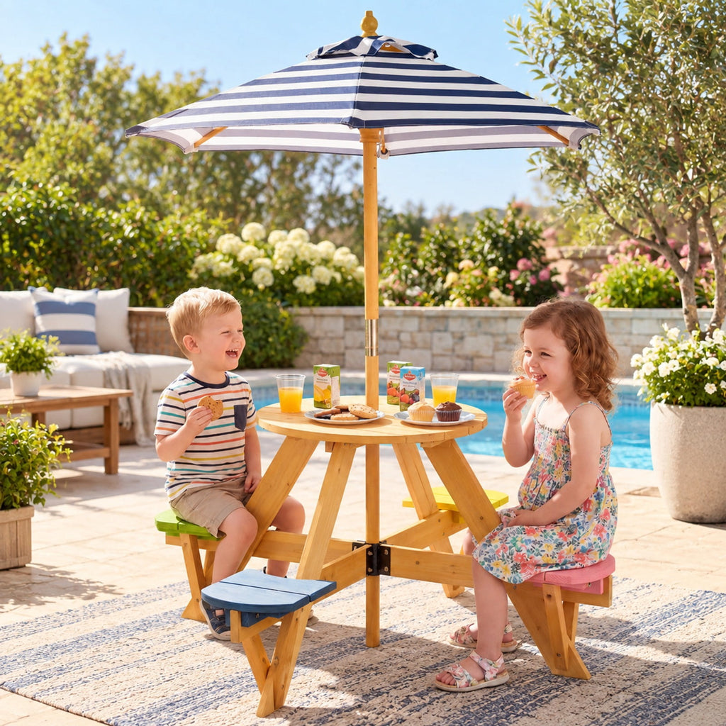 Airfind Kids Picnic Table with Stools and Foldable Adjustable Umbrella for Backyard and Patio, 165 lbs Capacity, Polyester Fabric Frame, Blue