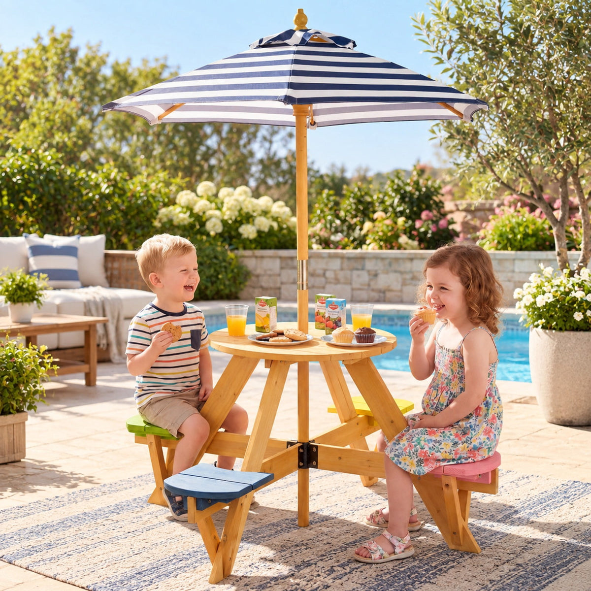 Airfind Kids Picnic Table with Stools and Foldable Adjustable Umbrella for Backyard and Patio, 165 lbs Capacity, Polyester Fabric Frame, Blue