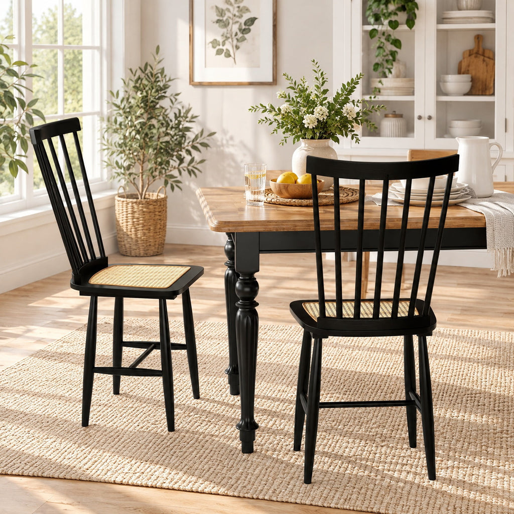 Airfind Farmhouse Solid Rubber Wood Dining Chairs Set of 2 with PE Rattan Seats, 420 lbs Capacity, Rubber Wood PE Rattan Frame, Black