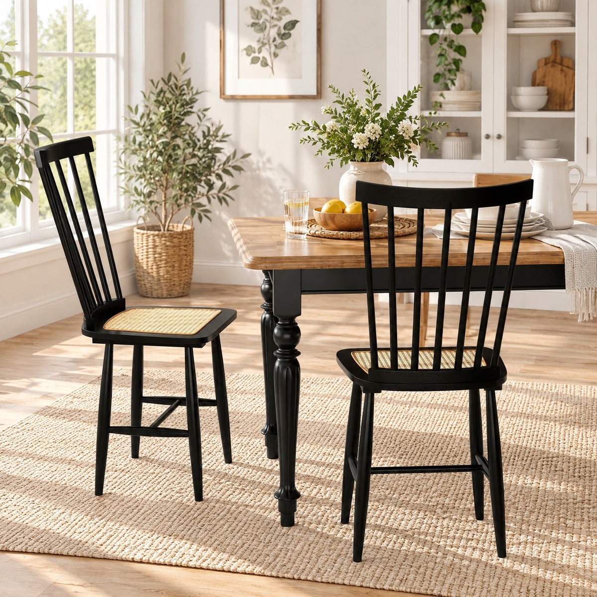 Airfind Farmhouse Solid Rubber Wood Dining Chairs Set of 2 with PE Rattan Seats, 420 lbs Capacity, Rubber Wood PE Rattan Frame, Black