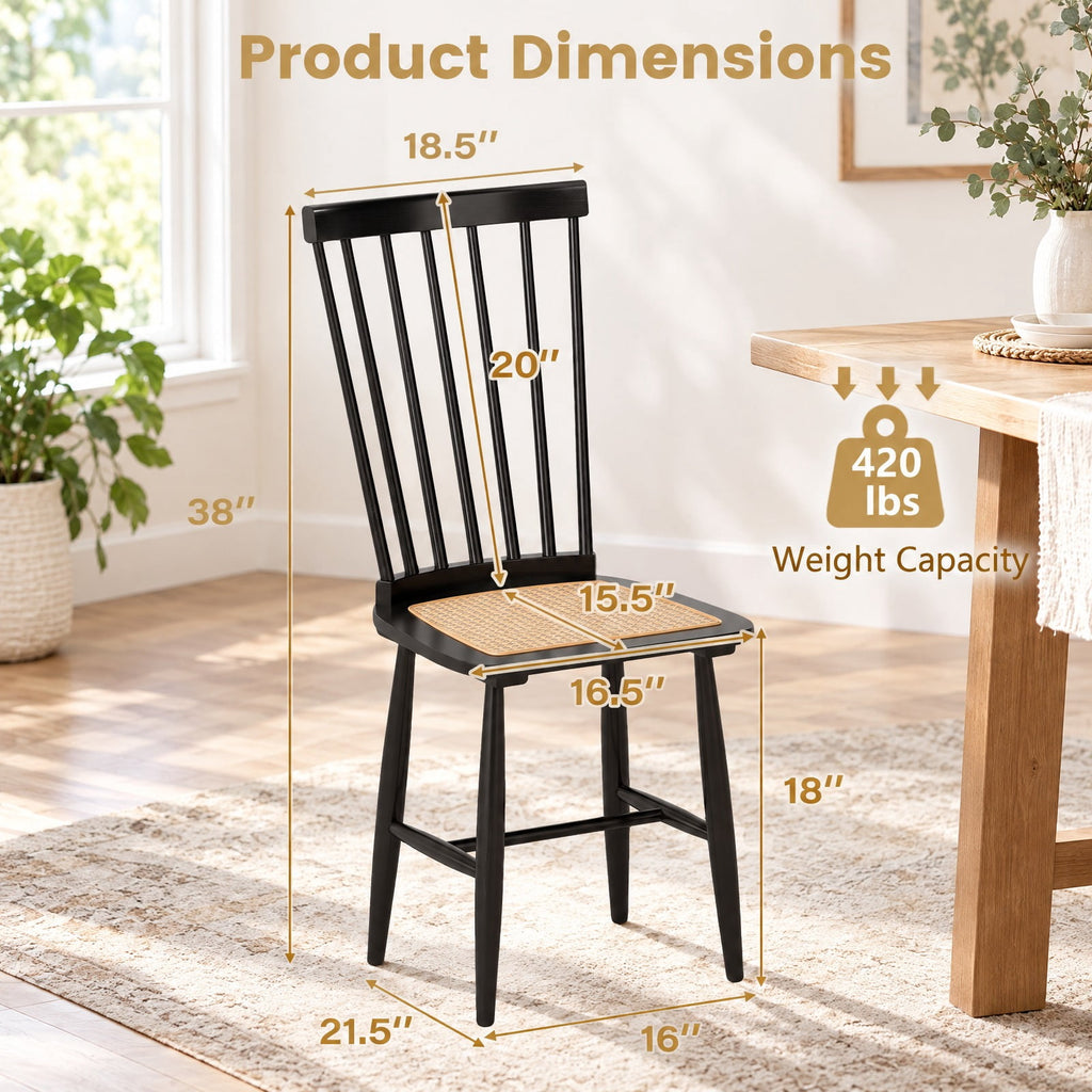 Airfind Farmhouse Solid Rubber Wood Dining Chairs Set of 2 with PE Rattan Seats, 420 lbs Capacity, Rubber Wood PE Rattan Frame, Black