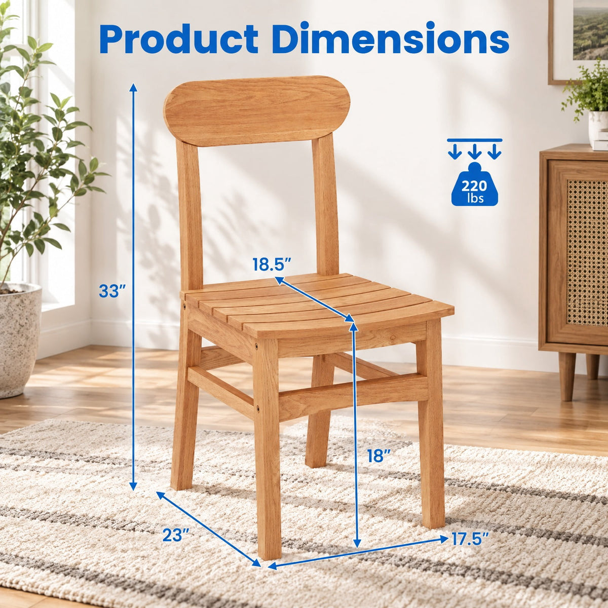 Airfind Patio Teak Wood Chair Armless Dining Chair with Slatted Seat, 220 lbs Capacity, Teak Wood Frame, Wood