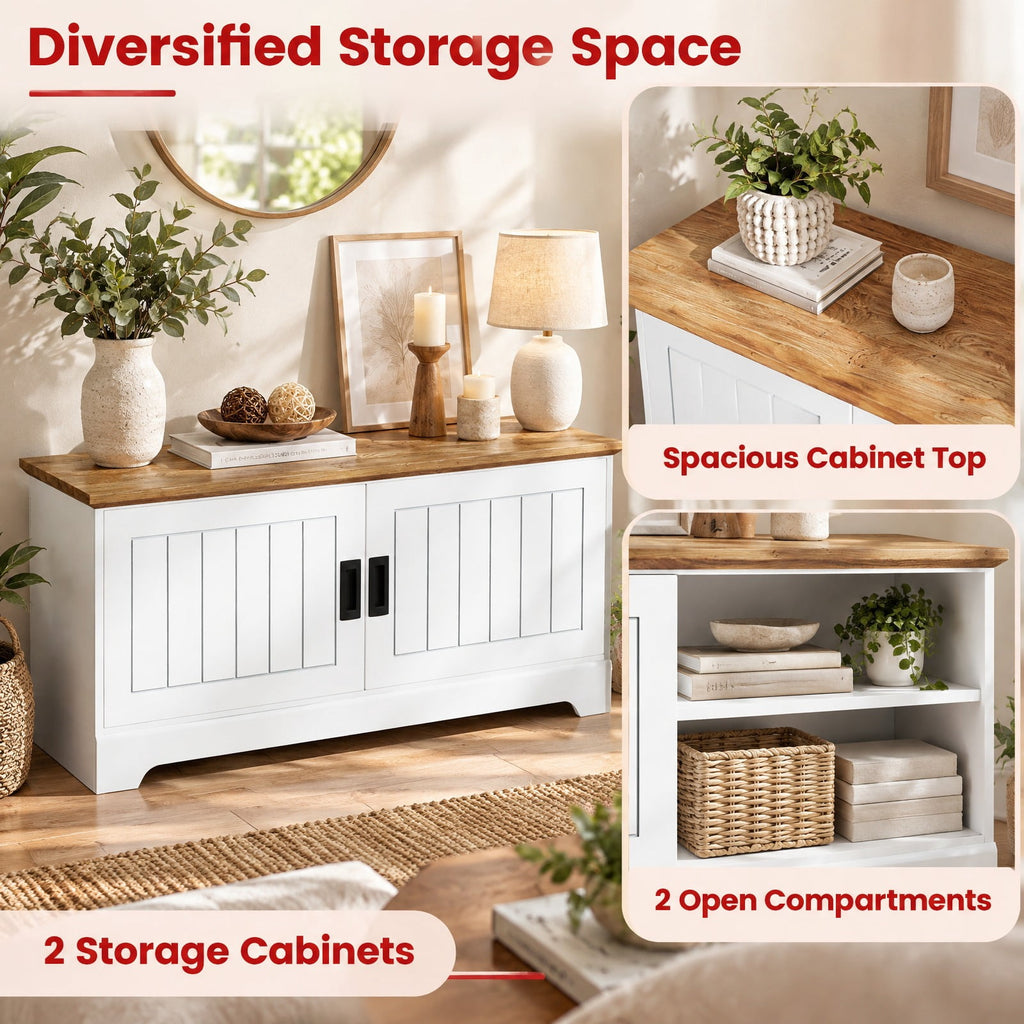 Airfind Farmhouse TV Stand for TVs up to 65 Inch with Sliding Doors and Storage Cabinets, 88 lbs Capacity, Engineered Wood MDF Frame, White