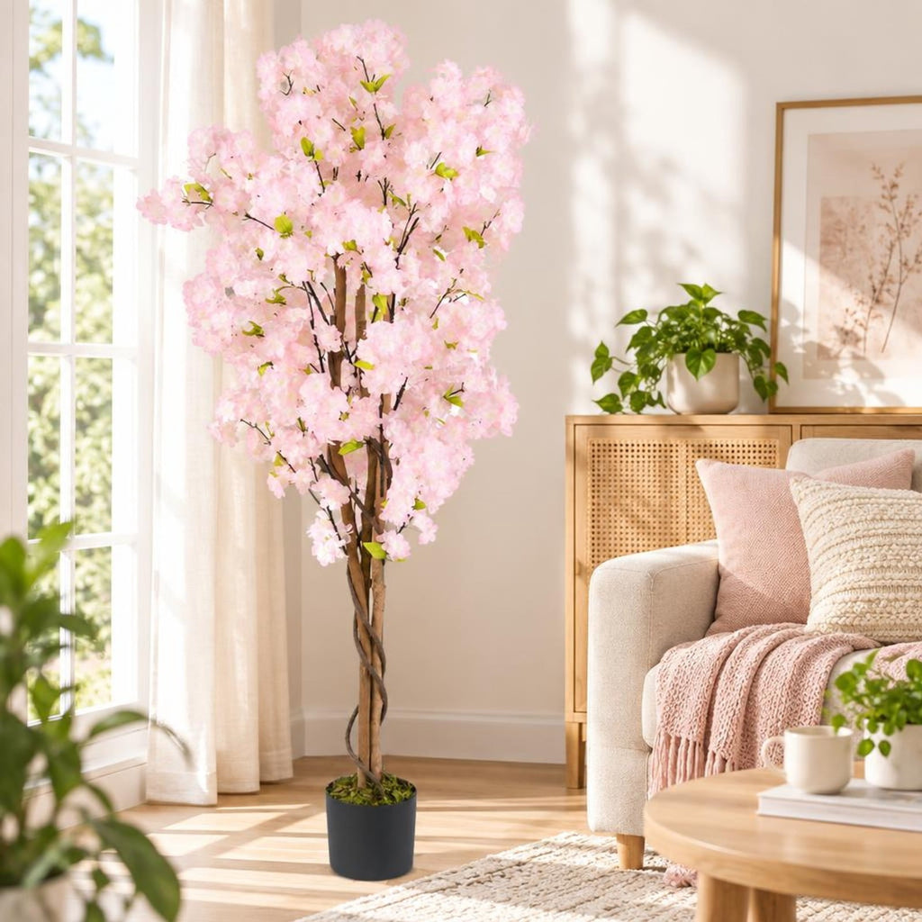 Airfind Artificial Cherry Blossom Tree, 5 FT Tall, with Flowers-1 Pack, Polyester Fabric PP PE Solid Wood Tree Height 59 Inch Pot Frame, Pink