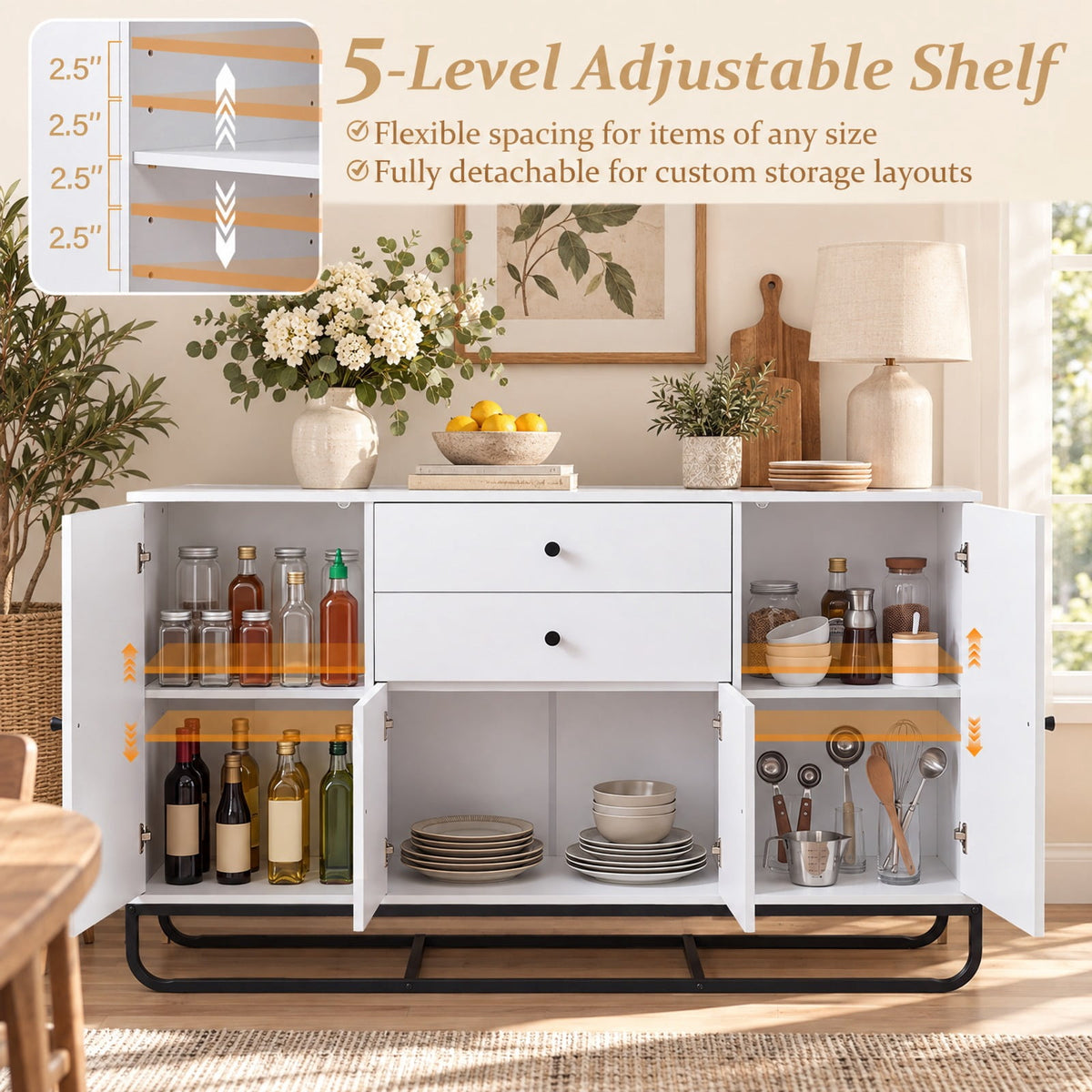 Airfind Modern Buffet Sideboard Cabinet w/ 2 Drawers Adjustable Shelves for Dining Room, 176 lbs Capacity, Engineered Wood Metal Frame, White