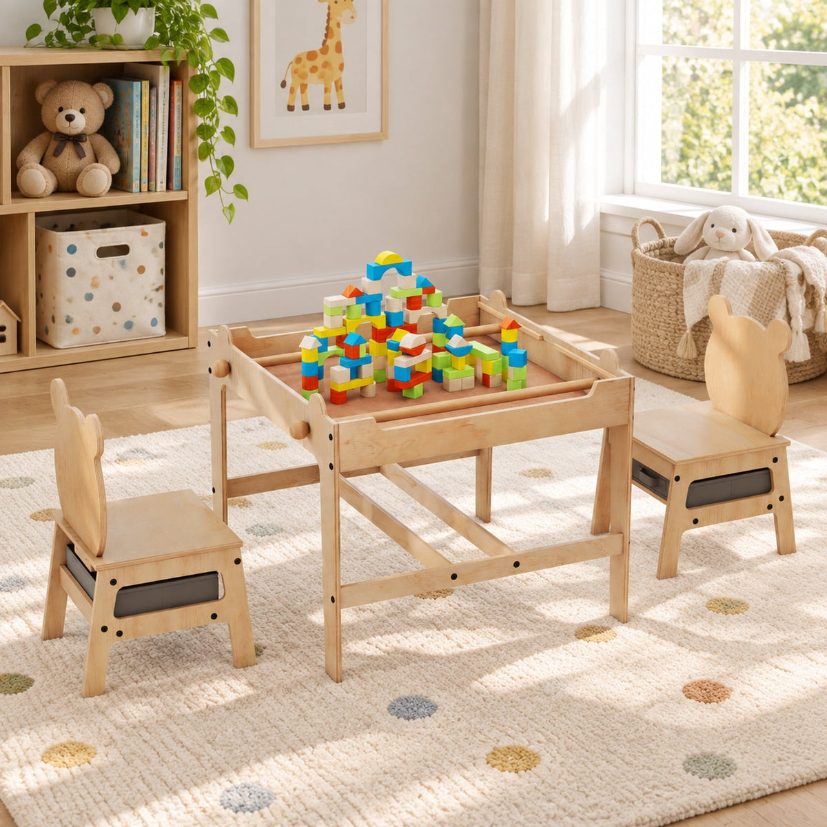 Airfind Kids Table and Chairs Set with Reversible Whiteboard-Panda, 165 lbs Capacity, for 3+ Years Old, Natural