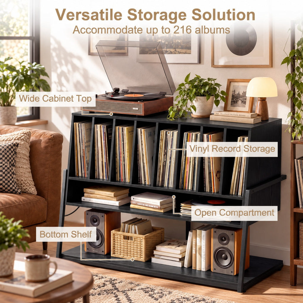 Airfind Turntable Stand with Charging Station and Vinyl Storage Shelves, 44 lbs Capacity, Engineered Wood MDF Metal Frame, Black