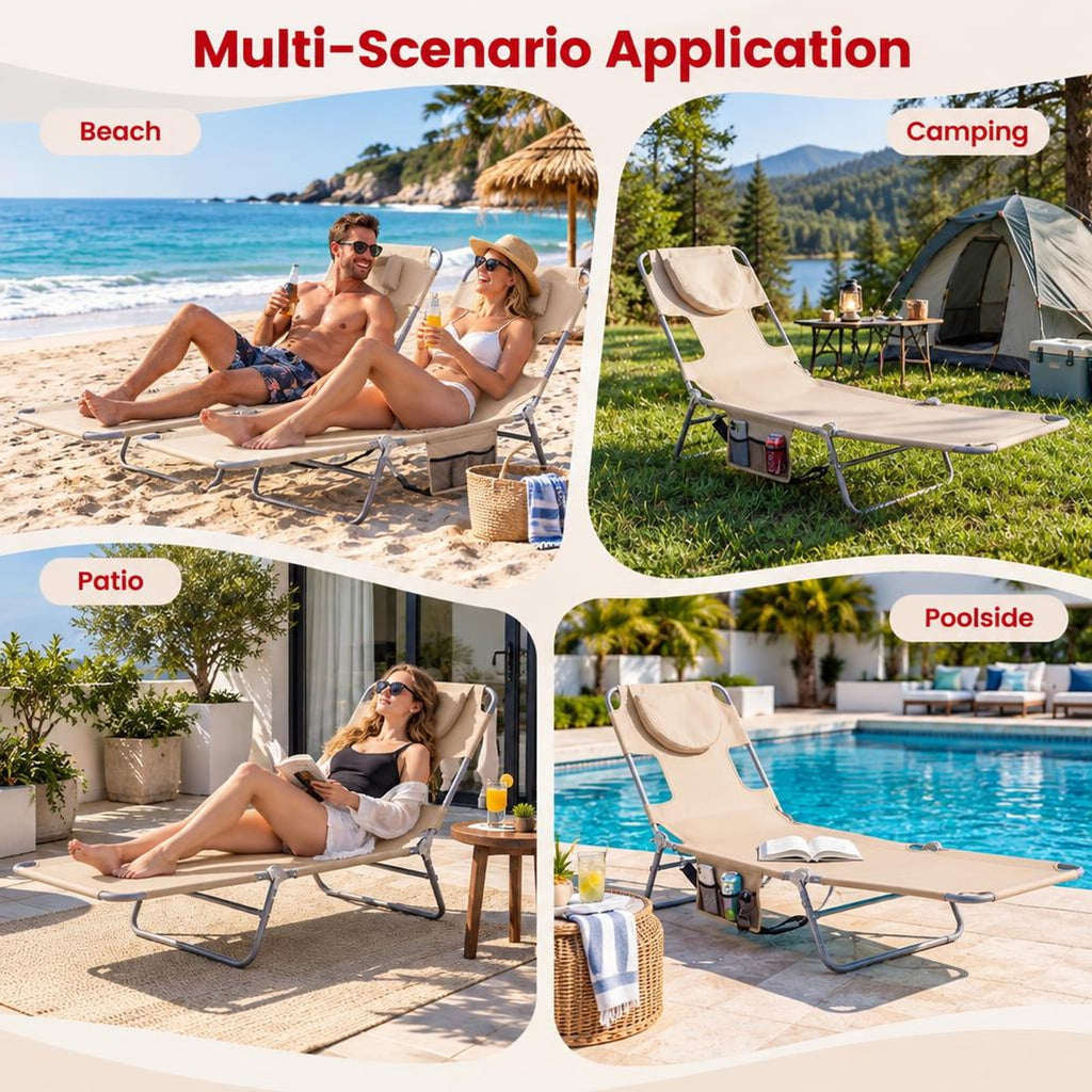 Airfind Folding Beach Lounge Chair with Adjustable Backrest for Lawn, 330 lbs Capacity, Metal Oxford Fabric Polyester Sponge Frame, Beige