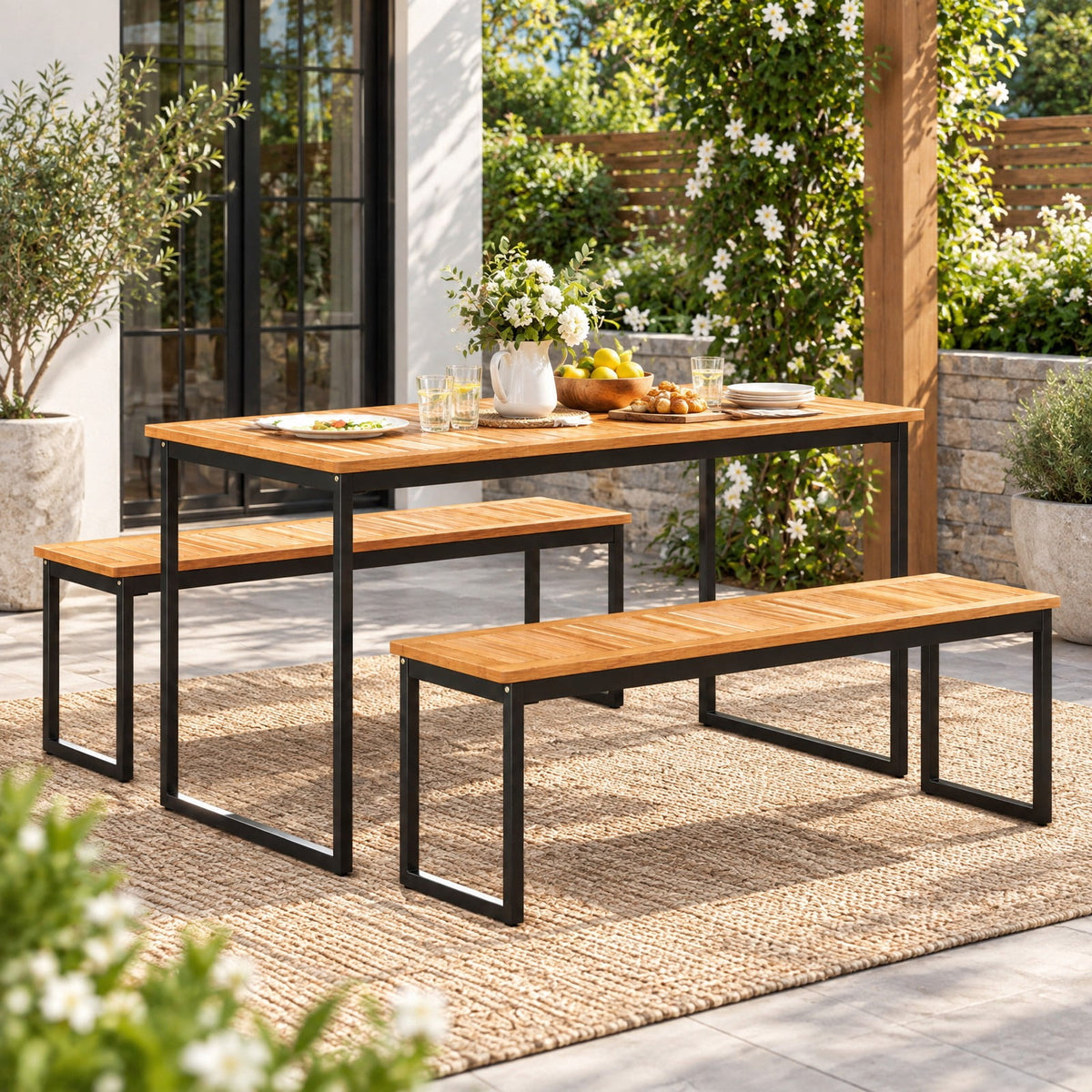 Airfind Patio Dining Bench Backless with Slatted Seat and Metal Legs, Acacia Wood Metal Frame, 51 x 14 x 16.5 Maximum Weight 800 lbs Footprint
