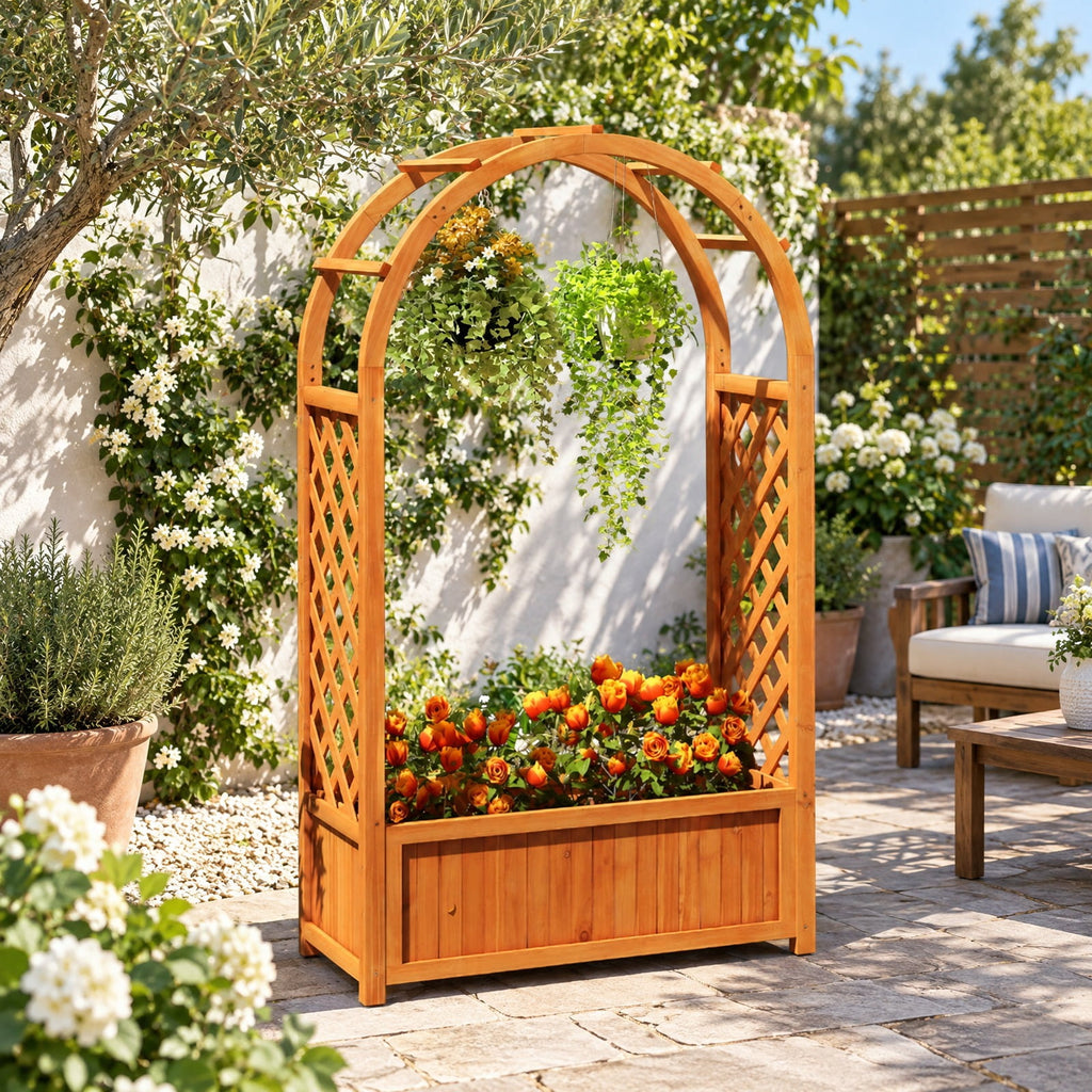 Airfind Raised Garden Bed with Lattice Trellis Ached Roof Wooden Elevated Planter Box, 88 lbs Capacity, Fir Wood Frame, Brown