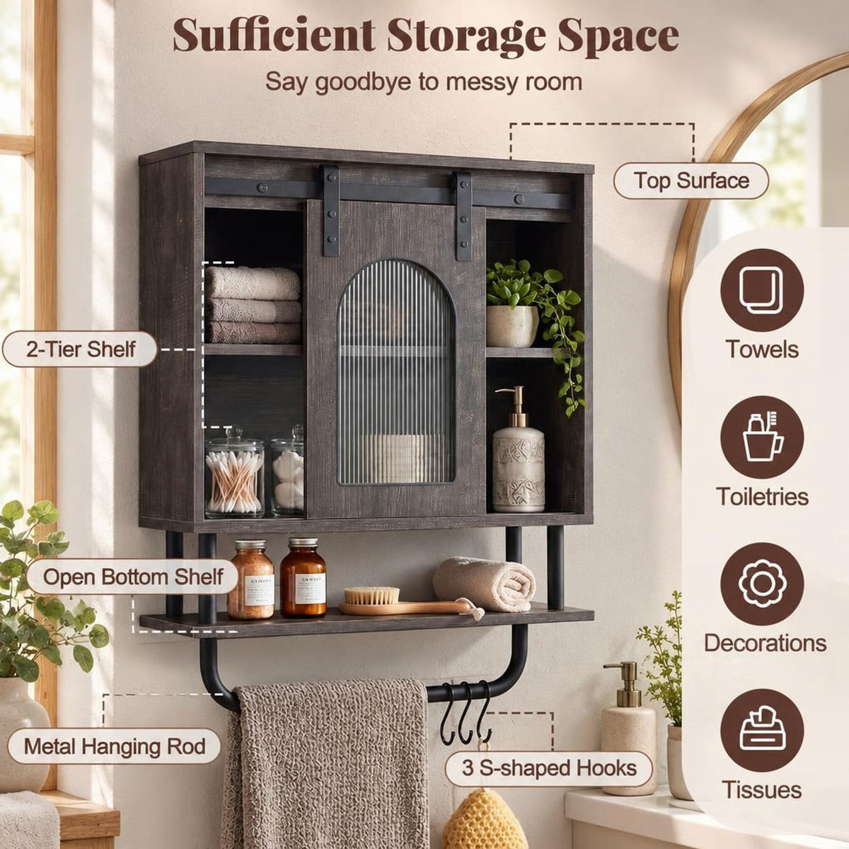 Airfind Bathroom Wall Cabinet with Sliding Barn Door and Metal Hanging Bar with 3 Hooks, 22 Lbs Capacity, Engineered Wood MDF Metal PC, Black