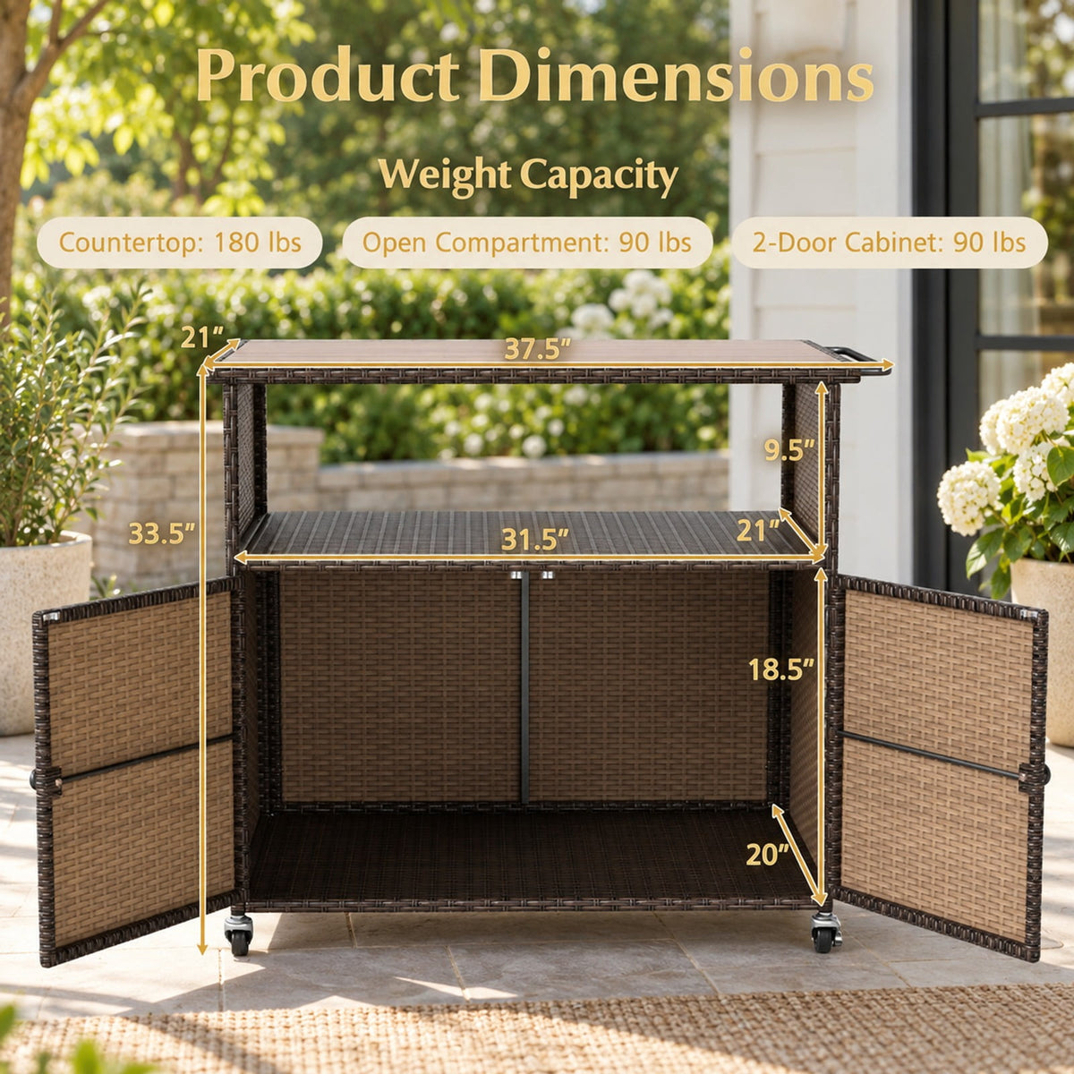 Airfind Outdoor Storage Cabinet with Acacia Wood Top and Lockable Wheels, 180 lbs Capacity, PE Rattan Acacia Wood Metal Frame, Black