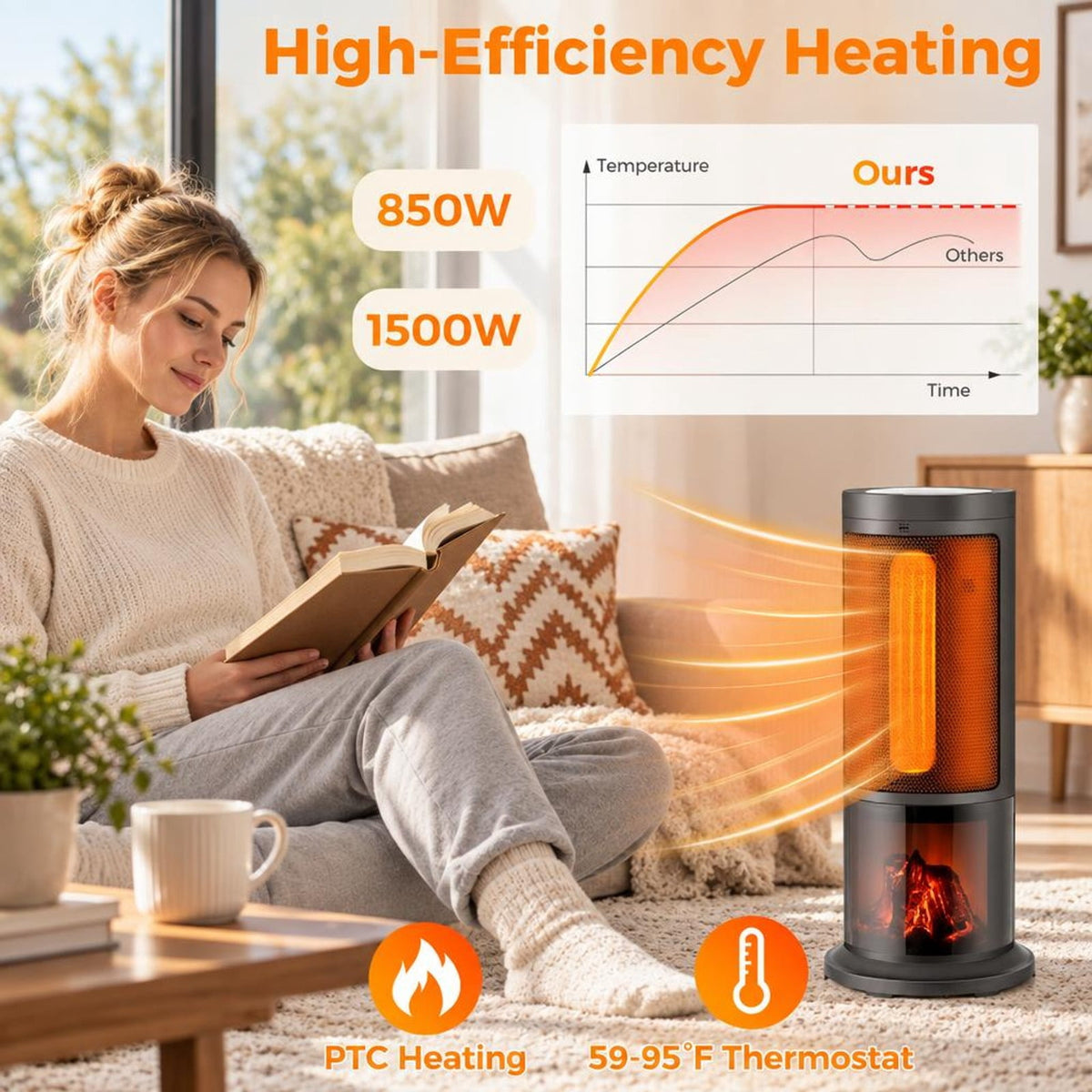 Airfind 17 Inch 1500W Portable Tower Space Heater with 135° Oscillation, PP Frame, 7.5in x 17in Cord Length 71in Footprint, Black