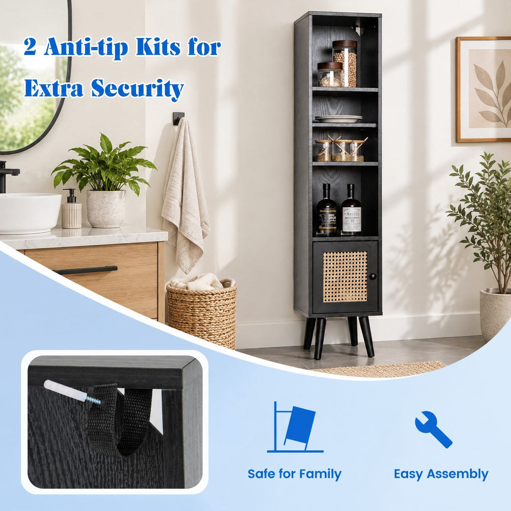 Airfind 4 Tiers Rattan Storage Cabinet with Slim Design, 135 lbs Capacity, Engineered Wood Solid Wood Rattan Frame, 12 x 12 x 54 Footprint, Black