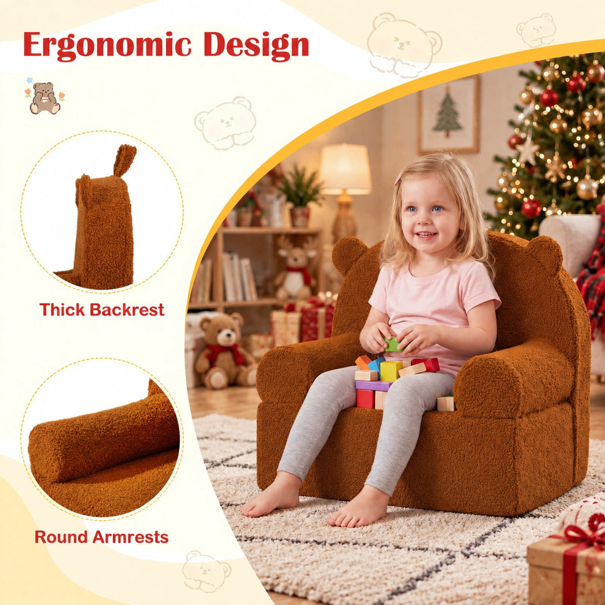 Airfind Kids Bear Sofa Toddler Foam Couch with Soft Fleece Fabric Cover, Teddy Fleece Fabric Frame, for 3+ years old, 20 x 16 x 18 Footprint