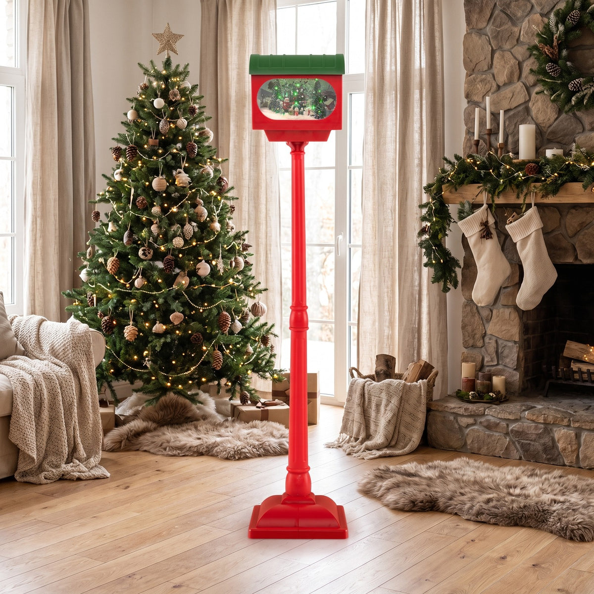 Airfind 59 Inch Christmas Street Lamp featuring Sound-activated Snow Globe Lantern, Plastic Resin Frame, 12.5 Inch x 12.5 Inch x 59 Inch Footprint, Red