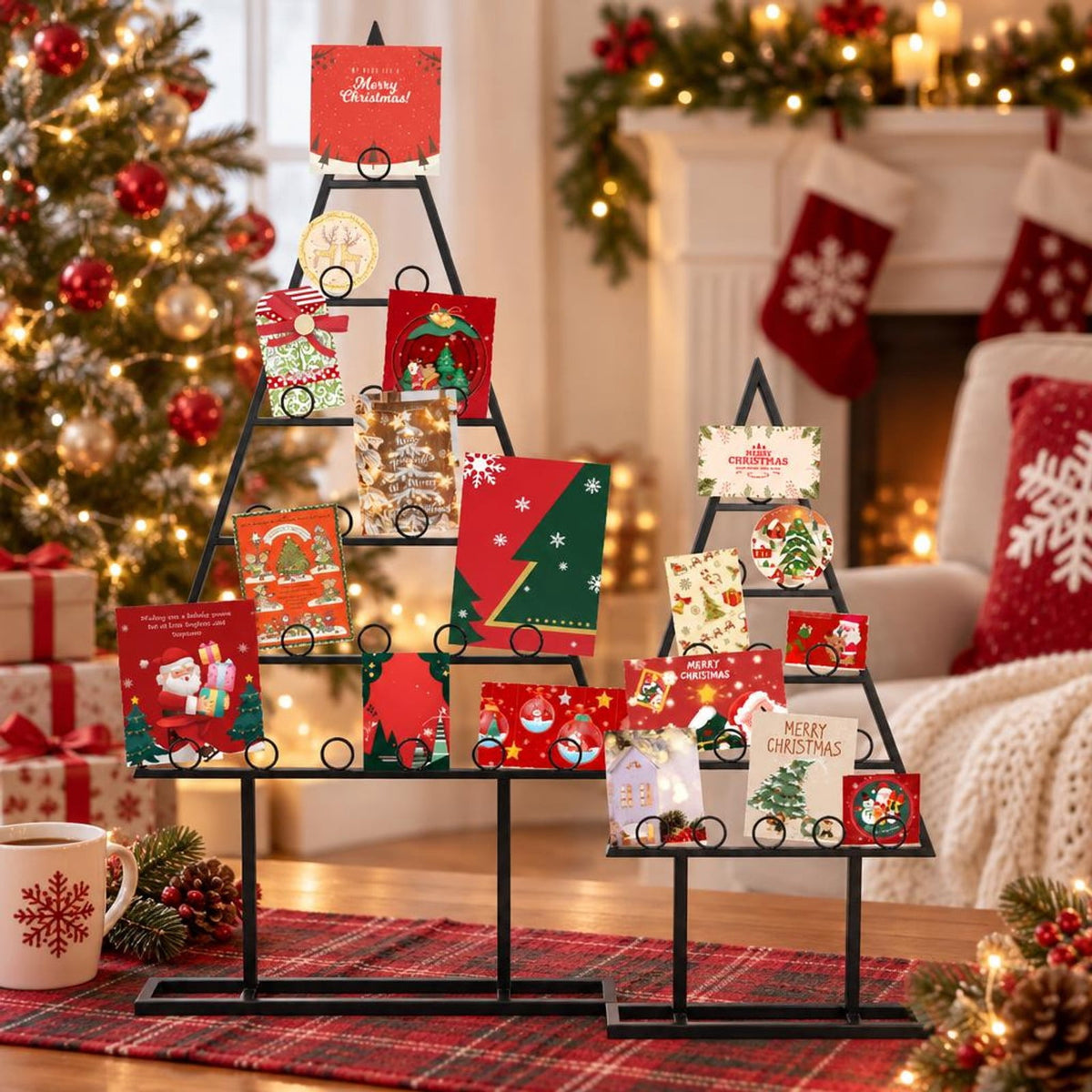 AIRFIND Christmas Card Holder Set of 2 Tree-Shaped Metal Photo Display Stands with 36 Round Clips, Large and Small Holiday Racks, Black