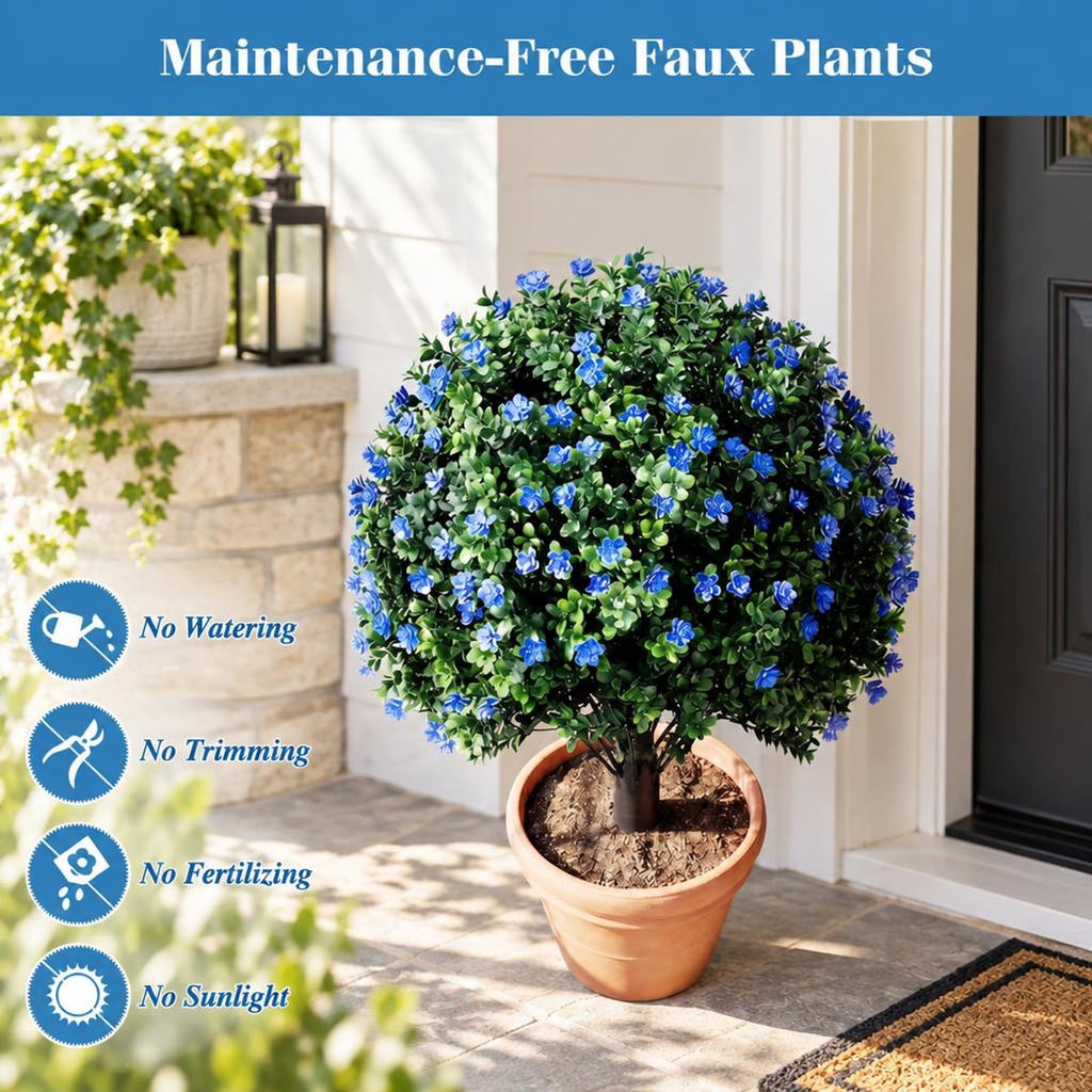 Airfind 2 Pack Artificial Flowering Boxwood Topiary Ball Trees 27.5 Inches Faux Floral Shrubs, PP PE Frame for Everyday Use, Green