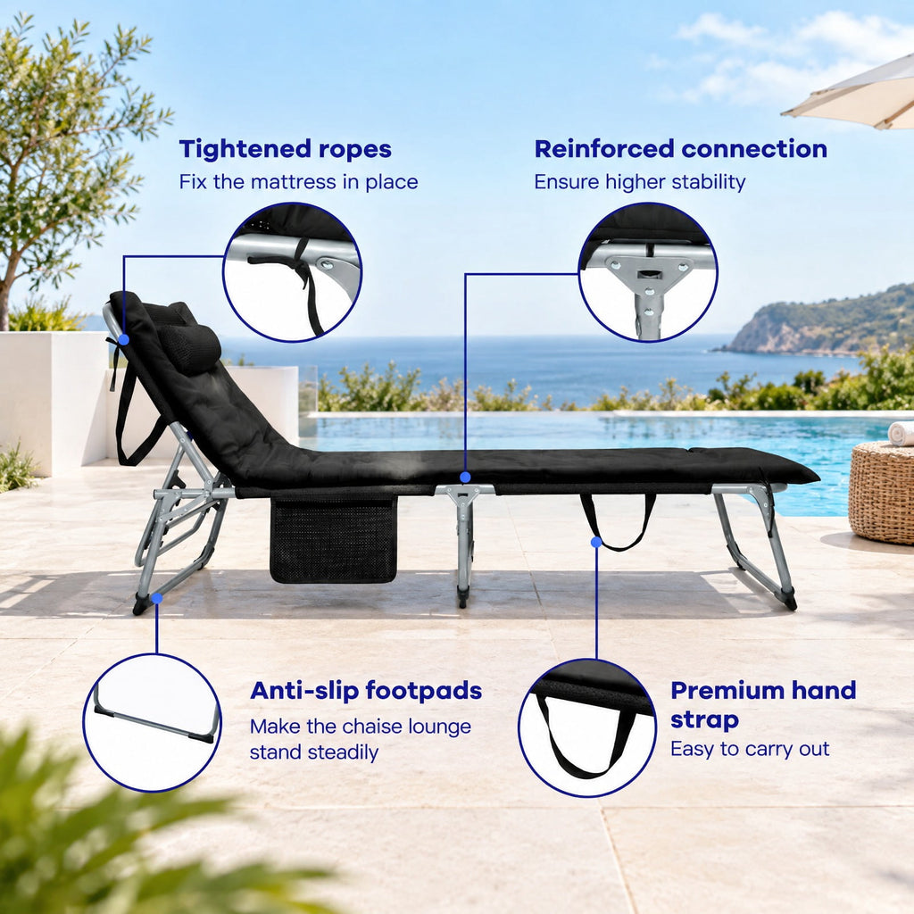 Airfind 4-Fold Oversize Padded Folding Lounge Chair with Removable Soft Mattress, 330lbs Capacity, Steel fabric sponge Frame, Black